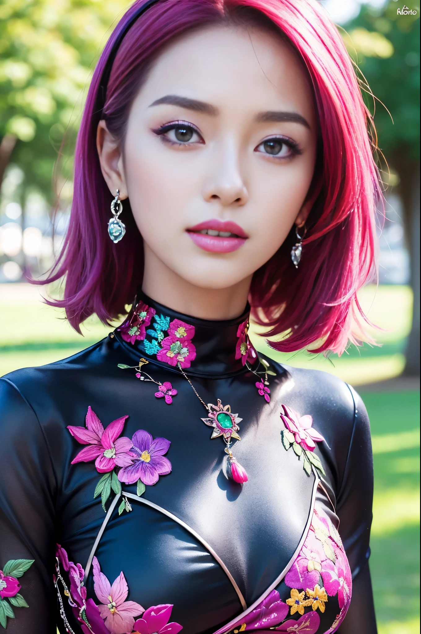 (masterpiece:1.4), (best quality:1.4), ultra high res, ultra high resolution, ((ultra detailed facial features)), HDR, (realistic, photorealistic, photo-realistic:1.37), full body Esbian, sexy Swedish model, (-anime), vivid colors, ((vivid colors multicolor (fuchsia, pink, light blue, purple) very short hair)), (seductive smile), ultra detailed metallic makeup, lip-gloss, long lashes, defined eyebrows, wearing large sparkling colorful jewelery, wearing a red silk Paradise Kiss cosplay dress with black floral embroidery, ((vivid colors outfit)), vivid colors, look at the camera, cinematic light, large park background with trees, sweet and sexy pose