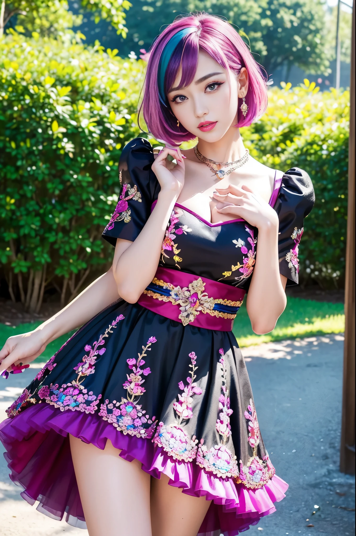 (masterpiece:1.4), (best quality:1.4), ultra high res, ultra high resolution, ((ultra detailed facial features)), HDR, (realistic, photorealistic, photo-realistic:1.37), full body Esbian, sexy Swedish model, (-anime), vivid colors, ((vivid colors multicolor (fuchsia, pink, light blue, purple) very short hair)), (seductive smile), ultra detailed metallic makeup, lip-gloss, long lashes, defined eyebrows, wearing large sparkling colorful jewelery, wearing a red silk Paradise Kiss cosplay dress with black floral embroidery, ((vivid colors outfit)), vivid colors, look at the camera, cinematic light, large park background with trees, sweet and sexy pose