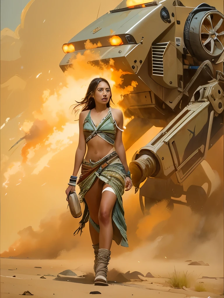 (masterpiece), cartoon, (photo_(medium):1.0), by Antonio J. Manzanedo, by Jeremy Lipking, lightning, painting style with watercolor, (Brushstrokes:1.8)colorful,vibrant colors full body shot, 1 ultra hot gorgeous woman, 23 years old, desert, sand desert, sandstorm, sand colored dress, floating in wind, giant war robot, war robot, Conceptual art,