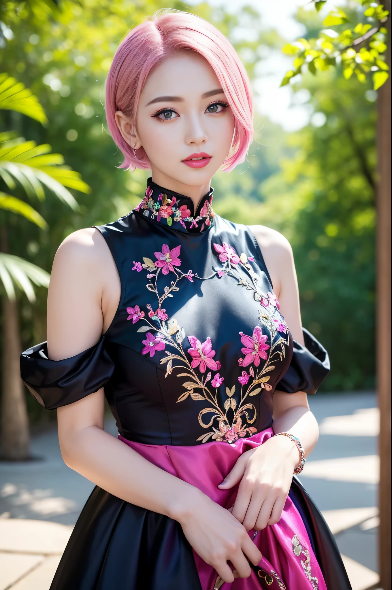 (masterpiece:1.4), (best quality:1.4), ultra high res, ultra high resolution, ((ultra detailed facial features)), HDR, (realistic, photorealistic, photo-realistic:1.37), full body Esbian, sexy Swedish model, (-anime), vivid colors, ((vivid colors multicolor (fuchsia, pink, light blue, purple) very short hair)), (seductive smile), ultra detailed metallic makeup, lip-gloss, long lashes, defined eyebrows, wearing large sparkling colorful jewelery, wearing a red silk Paradise Kiss cosplay dress with black floral embroidery, ((vivid colors outfit)), vivid colors, look at the camera, cinematic light, large park background with trees, sweet and sexy pose