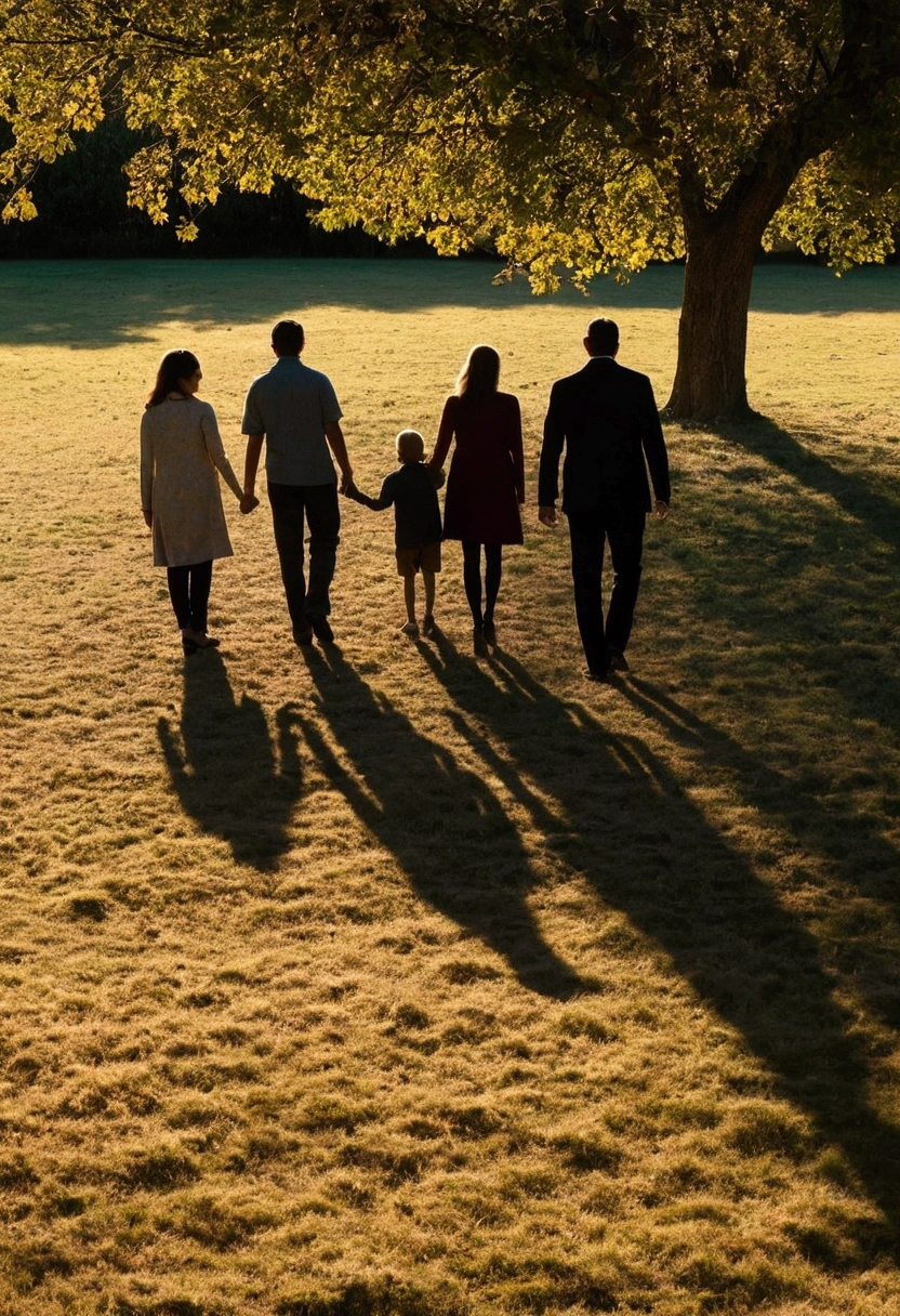 Make a family in the background, all so that you cannot see them but only the shadow and one of the visible people.