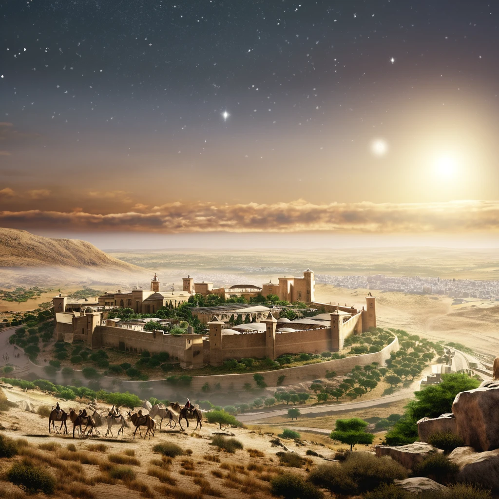 A hyper-realistic photograph of Bethlehem, an ancient city in Judea, traditional stone buildings with intricate details, a modest stable above which shines a bright star, the landscape surrounding the city should include hills and sparse vegetation typical of the region. The scene would include shepherds tending their flocks, travelers on camels approaching the city, and a visit from the three wise men. with realistic textures. The overall atmosphere should be serene with special attention to historical accuracy and detail.