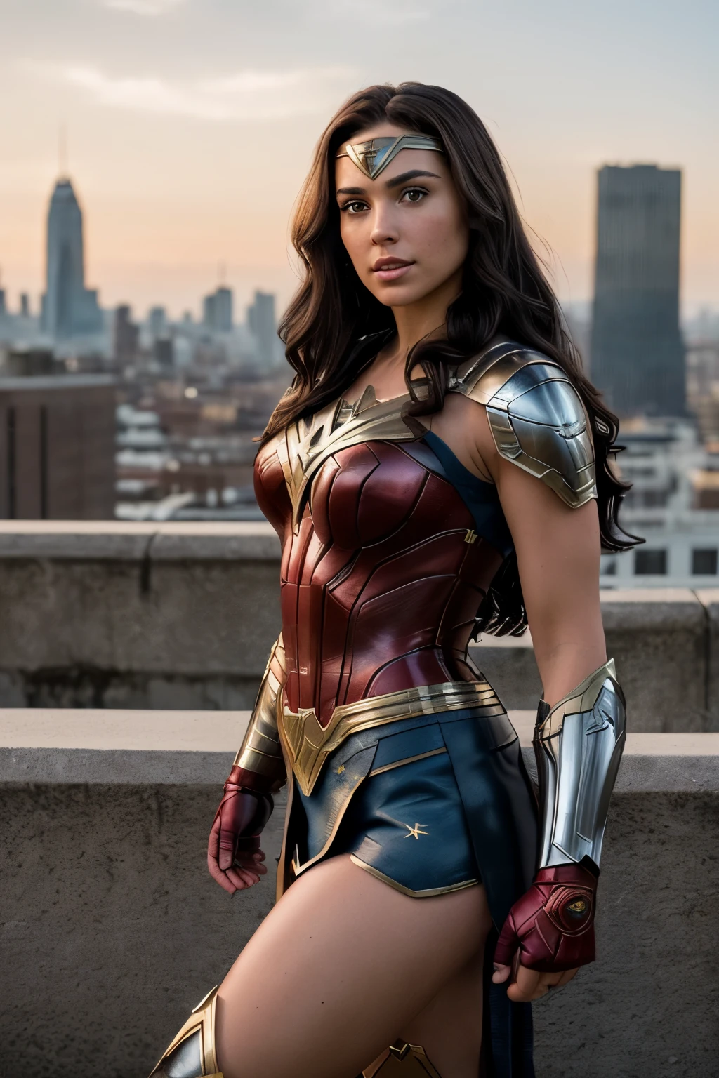 A 26-year-old brunette Wonder Woman, ((hyperrealism)), ((true to reality)), with ((deep brown eyes)), ((long wavy hair)), ((glossy and shiny)), ((superhero costume)), ((red and blue)), ((boots and gauntlets)), ((shield by her side)), ((posing confidently)), ((in front of a city skyline)), ((daytime scene)), ((highly detailed)), ((4k resolution)), ((exceptional quality)), Nikon, ((natural light)), ((film grain)), ((Fujifilm XT3)), ((soft lighting)), ((spectacular scenary)), ((empowering)), ((inspiring)), ((symbol of strength and justice)).