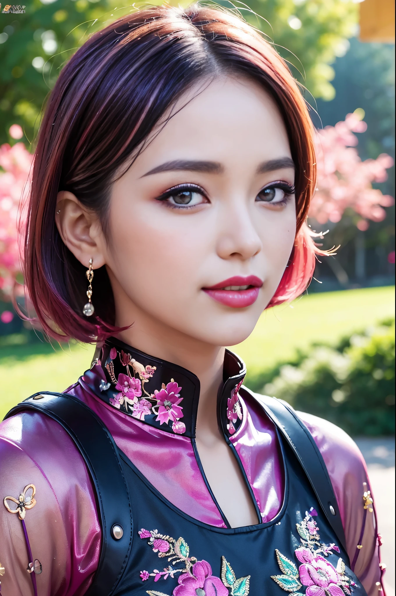 (masterpiece:1.4), (best quality:1.4), ultra high res, ultra high resolution, ((detailed facial features)), HDR, (realistic, photorealistic, photo-realistic:1.37), full body Esbian, sexy Indonesian model, (-anime), only 1 model, vivid colors, ((vivid colors multicolor (fuchsia, pink, light blue, purple) very short hair)), (happy smile), lip-gloss, long lashes, ultra detailed metallic makeup, defined eyebrows, wearing a red silk Paradise Kiss cosplay dress with black floral embroidery, ((vivid colors outfit)), vivid colors, look at the camera, cinematic light, large park background with trees, sweet and sexy pose