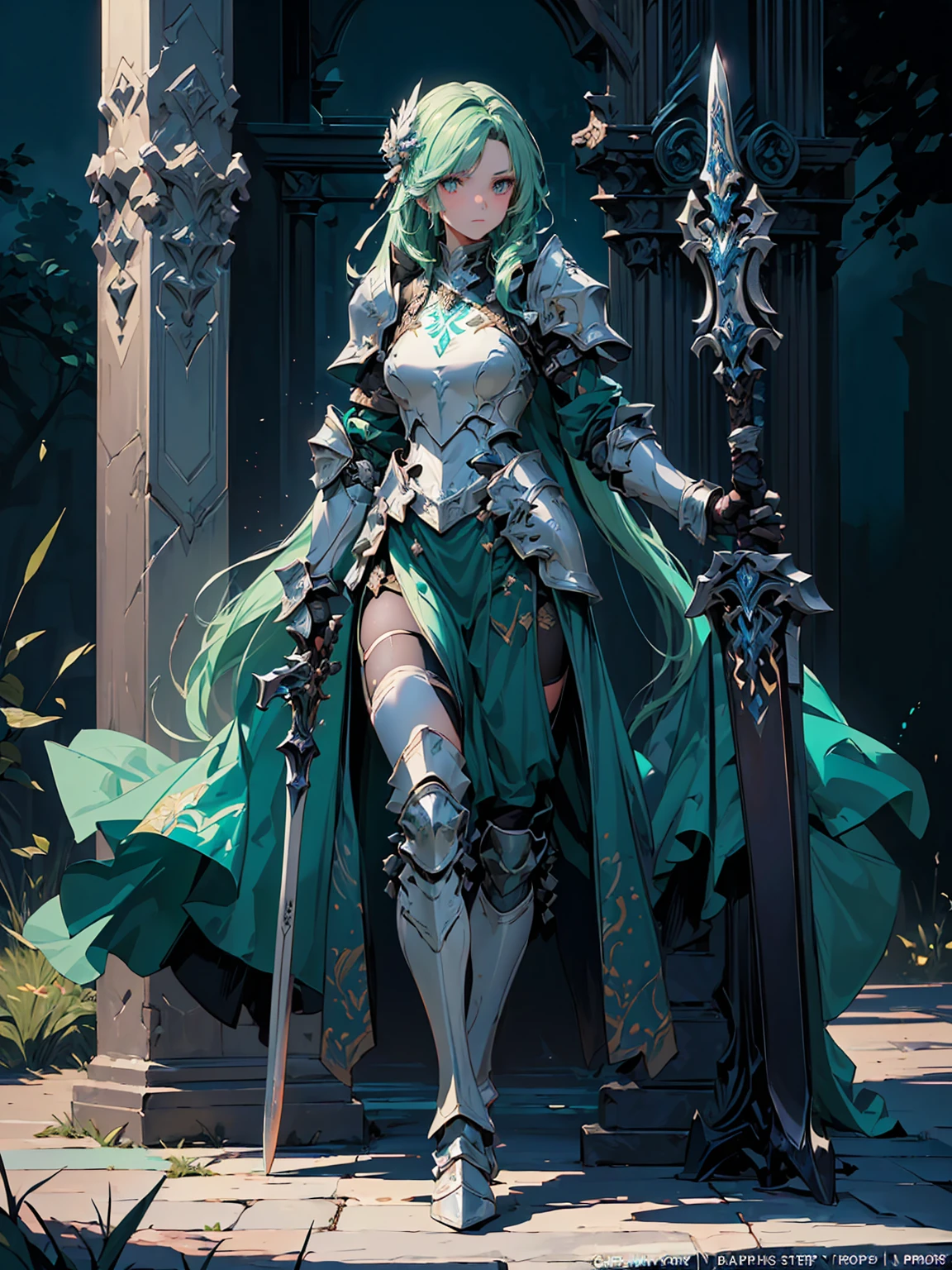 (((masterpiece, best quality, high detailed, 8k))) Design a layout showcase Gaming character, (1girl). Green+Gold armor, stylish and unique. ((showcase weapon:1.4)), nature staff. (masterpiece:1.2), (best quality), 4k, ultra-detailed. (Step by step design, layout art:1.5), (luminous lighting, atmospheric lighting). druid, ((glove full hands)), (((revealing armor:1.3))), vambraces, armored legwear, (((full_body_shot:1.4))). {In a magical meadow}.