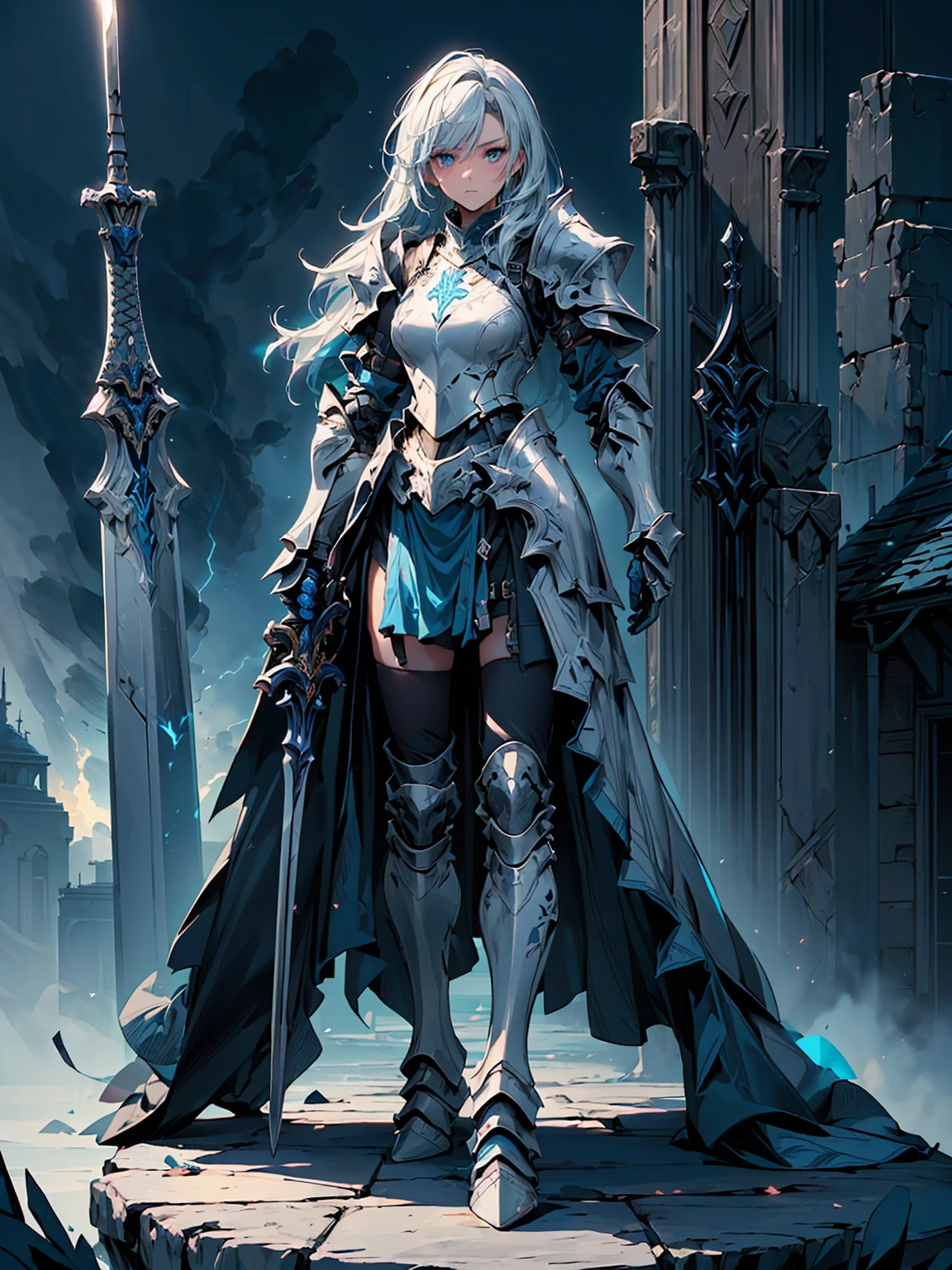 (((masterpiece, best quality, high detailed, 8k))) Design a layout showcase Gaming character, (1girl). Silver+Blue armor, stylish and unique. ((showcase weapon:1.4)), lightning rod. (masterpiece:1.2), (best quality), 4k, ultra-detailed. (Step by step design, layout art:1.5), (luminous lighting, atmospheric lighting). storm mage, ((glove full hands)), (((revealing armor:1.3))), vambraces, armored legwear, (((full_body_shot:1.4))). {During a thunderstorm}.