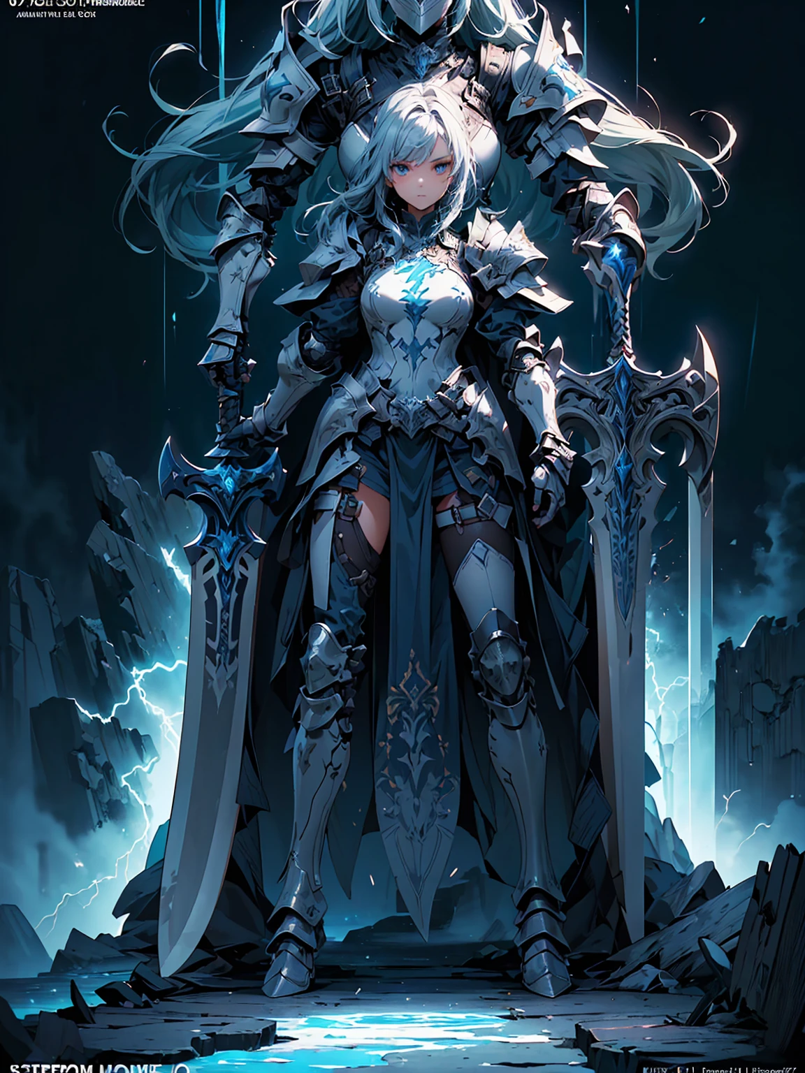 (((masterpiece, best quality, high detailed, 8k))) Design a layout showcase Gaming character, (1girl). Silver+Blue armor, stylish and unique. ((showcase weapon:1.4)), lightning rod. (masterpiece:1.2), (best quality), 4k, ultra-detailed. (Step by step design, layout art:1.5), (luminous lighting, atmospheric lighting). storm mage, ((glove full hands)), (((revealing armor:1.3))), vambraces, armored legwear, (((full_body_shot:1.4))). {During a thunderstorm}.