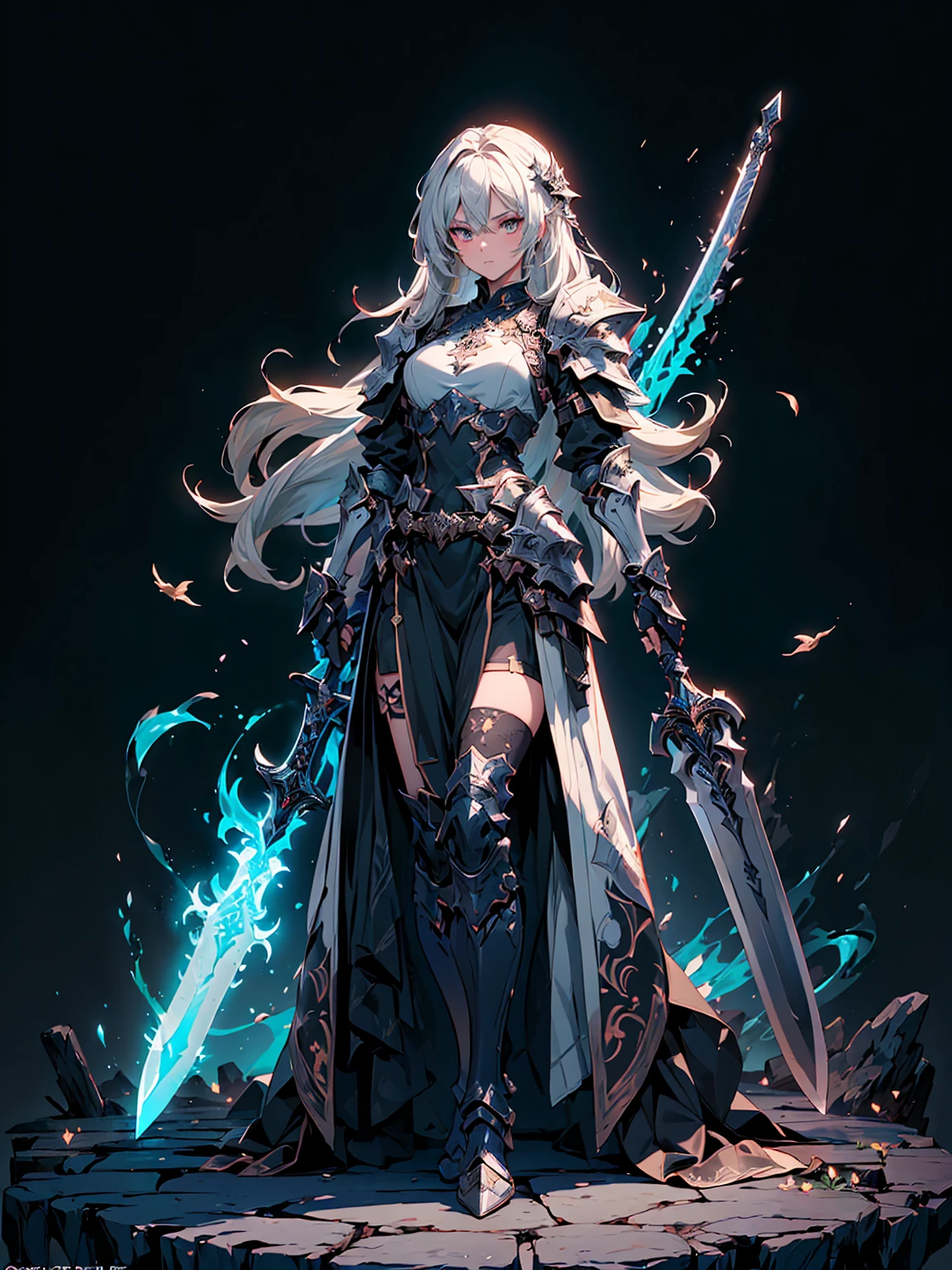 (((masterpiece, best quality, high detailed, 8k))) Design a layout showcase Gaming character, (1girl). Black dragon armor, extremely detailed, stylish and unique. ((showcase weapon:1.4)), shield and sword, with a black fire aura. (masterpiece:1.2), (best quality), 4k, ultra-detailed. (Step by step design, layout art:1.5), (luminous lighting, atmospheric lighting). dragon warrior, ((glove full hands)), (((revealing clothes:1.3))), vambraces, armored legwear, (((full_body_shot:1.4))). {In a fiery battlefield}