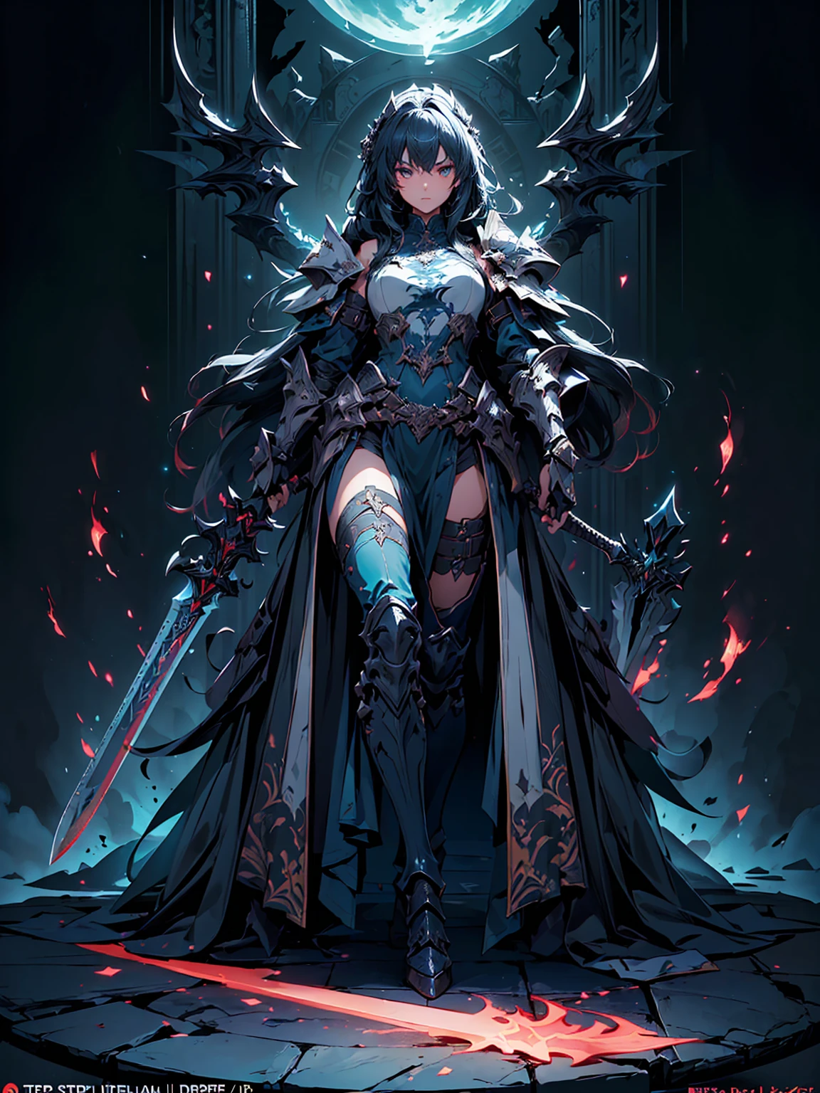 (((masterpiece, best quality, high detailed, 8k))) Design a layout showcase Gaming character, (1girl). Black dragon armor, extremely detailed, stylish and unique. ((showcase weapon:1.4)), shield and sword, with a black fire aura. (masterpiece:1.2), (best quality), 4k, ultra-detailed. (Step by step design, layout art:1.5), (luminous lighting, atmospheric lighting). dragon warrior, ((glove full hands)), (((revealing clothes:1.3))), vambraces, armored legwear, (((full_body_shot:1.4))). {In a fiery battlefield}