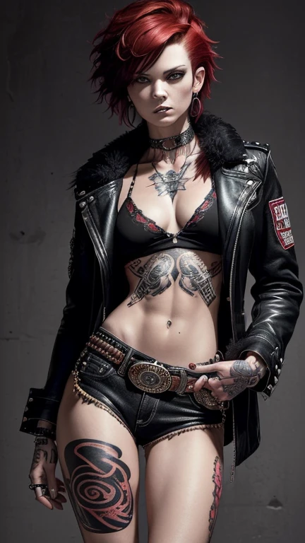 A Woman, ((Punk Style)), (80's) , 25 years old woman, Short red hair, Tattoos, Fur Jacket, Wearing black Shirt, Skinny, Looking at viewer, Arrogant expression, (((Masterpiece, Semirealistic, Cowboy shoot, Good expression, Good anatomy, Good pose))).