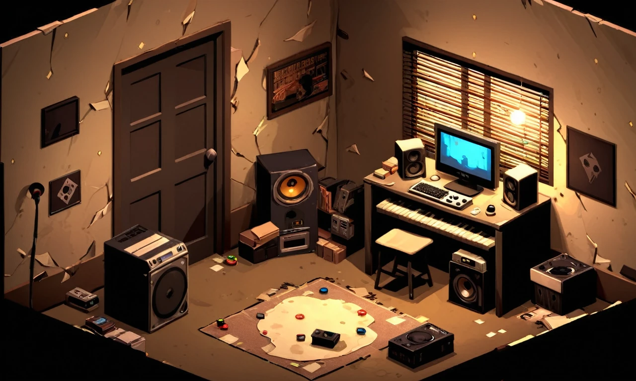 no humans, isometric game background, teenage boy's room, messy, dark, lit from the window, gaming computer, bass propped against wall, sepia tones, 