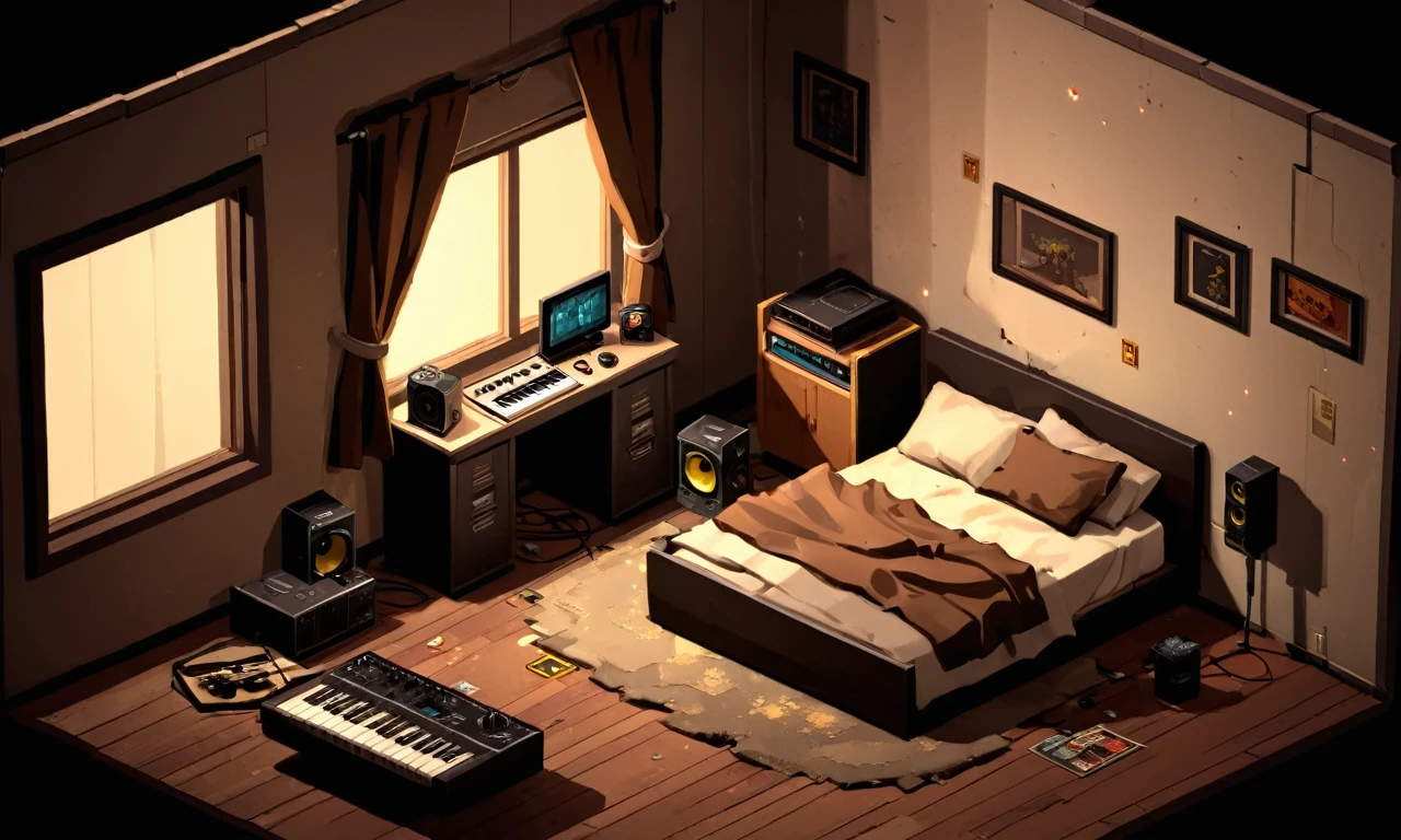 no humans, isometric game background, teenage boy's room, messy, dark, lit from the window, gaming computer, bass propped against wall, sepia tones, 