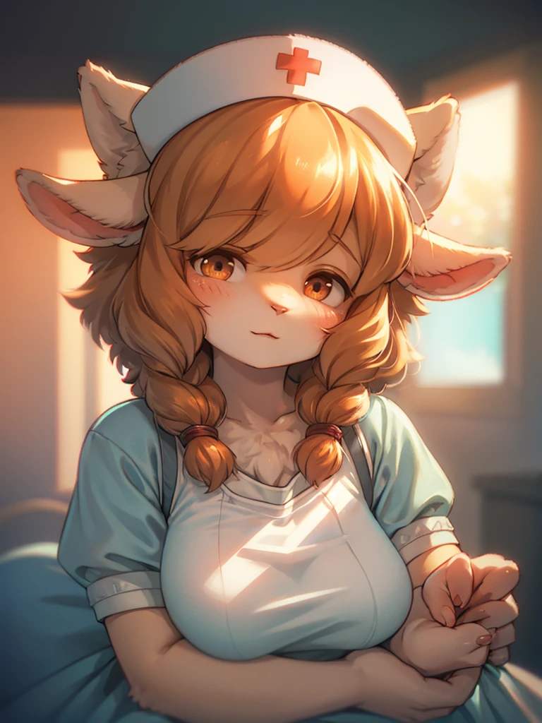 (Sumilux f1.4 50mm , low Latitude old color negative film , cross process , bokeh, flare, chromatic aberration , soft focus, (Shallow focus) , soft glow , Maximum aperture, High Key , Transparent depiction) , closeup face , sheep mom nurse , (Woolly hair over eye) , (Freckles:0.8) , in the hospital , Nursing uniform , portrait photo , left eye