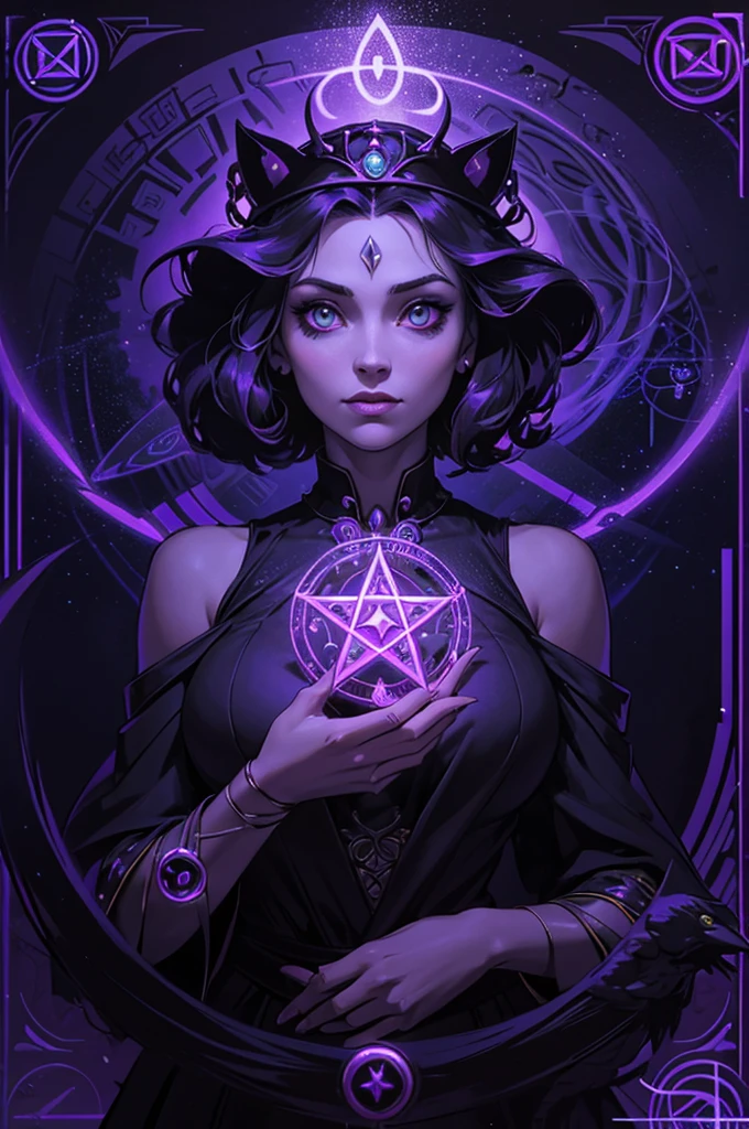 depicts a modern-day witch who has embraced the world of cybernetics to enhance her magical abilities. The artwork should convey the enchanting blend of traditional witchcraft and futuristic technology. Here are some specific elements to include: The Witch's Lair: The setting should be a cozy yet slightly eerie room, filled with magical books, crystal balls, potion ingredients, and antique furnishings. The room should be dimly lit by candles and a soft, mystical glow emanating from her cybernetic enhancements. The Cyborg Witch: The central focus of the artwork is the witch herself. She's a striking figure with a mix of traditional witch attire and cybernetic enhancements. Her clothing should have a witchy, occult aesthetic, with flowing robes, a pointed hat, and an intricate pentagram necklace. Her arms, however, have been upgraded with cybernetic components that incorporate magical symbols and glowing runes. Magical Interface: The witch is in the midst of casting a spell, with a holographic, touch-screen interface floating before her. This interface includes spell incantations, arcane symbols, and digital components, demonstrating her fusion of magic and technology. Spell Ingredients: On a nearby table, there should be a collection of spell ingredients, like herbs, potions, and magical artifacts. Some of these items may have been modified with cybernetic enhancements, blurring the line between the natural and the technological. Familiar: The witch's familiar, perhaps a cat or raven, should be present in the scene, serving as her magical companion. The familiar could also have subtle cybernetic enhancements or glowing eyes. Glowing Runes: The room should be adorned with ancient symbols and glowing runes on the walls and floor, contributing to the magical atmosphere. Aetherial Lighting: Use a combination of mystical, ethereal lighting and cybernetic glows to create a captivating interplay of light and shadow. The contrast between the tradit
