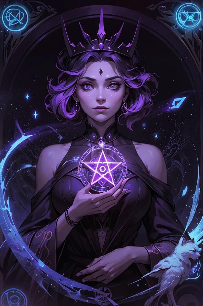 depicts a modern-day witch who has embraced the world of cybernetics to enhance her magical abilities. The artwork should convey the enchanting blend of traditional witchcraft and futuristic technology. Here are some specific elements to include: The Witch's Lair: The setting should be a cozy yet slightly eerie room, filled with magical books, crystal balls, potion ingredients, and antique furnishings. The room should be dimly lit by candles and a soft, mystical glow emanating from her cybernetic enhancements. The Cyborg Witch: The central focus of the artwork is the witch herself. She's a striking figure with a mix of traditional witch attire and cybernetic enhancements. Her clothing should have a witchy, occult aesthetic, with flowing robes, a pointed hat, and an intricate pentagram necklace. Her arms, however, have been upgraded with cybernetic components that incorporate magical symbols and glowing runes. Magical Interface: The witch is in the midst of casting a spell, with a holographic, touch-screen interface floating before her. This interface includes spell incantations, arcane symbols, and digital components, demonstrating her fusion of magic and technology. Spell Ingredients: On a nearby table, there should be a collection of spell ingredients, like herbs, potions, and magical artifacts. Some of these items may have been modified with cybernetic enhancements, blurring the line between the natural and the technological. Familiar: The witch's familiar, perhaps a cat or raven, should be present in the scene, serving as her magical companion. The familiar could also have subtle cybernetic enhancements or glowing eyes. Glowing Runes: The room should be adorned with ancient symbols and glowing runes on the walls and floor, contributing to the magical atmosphere. Aetherial Lighting: Use a combination of mystical, ethereal lighting and cybernetic glows to create a captivating interplay of light and shadow. The contrast between the tradit