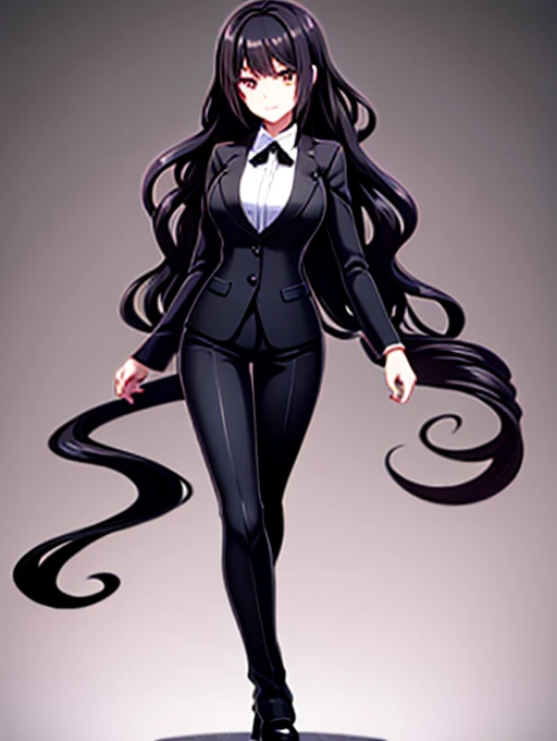 Black short wavy hair, golden eyes, multiple red rings in eyes, formal woman attire, well-developed body, clothes fit snugly, corneo_makima, White shirt, black blazer, black pants, black dress shoes