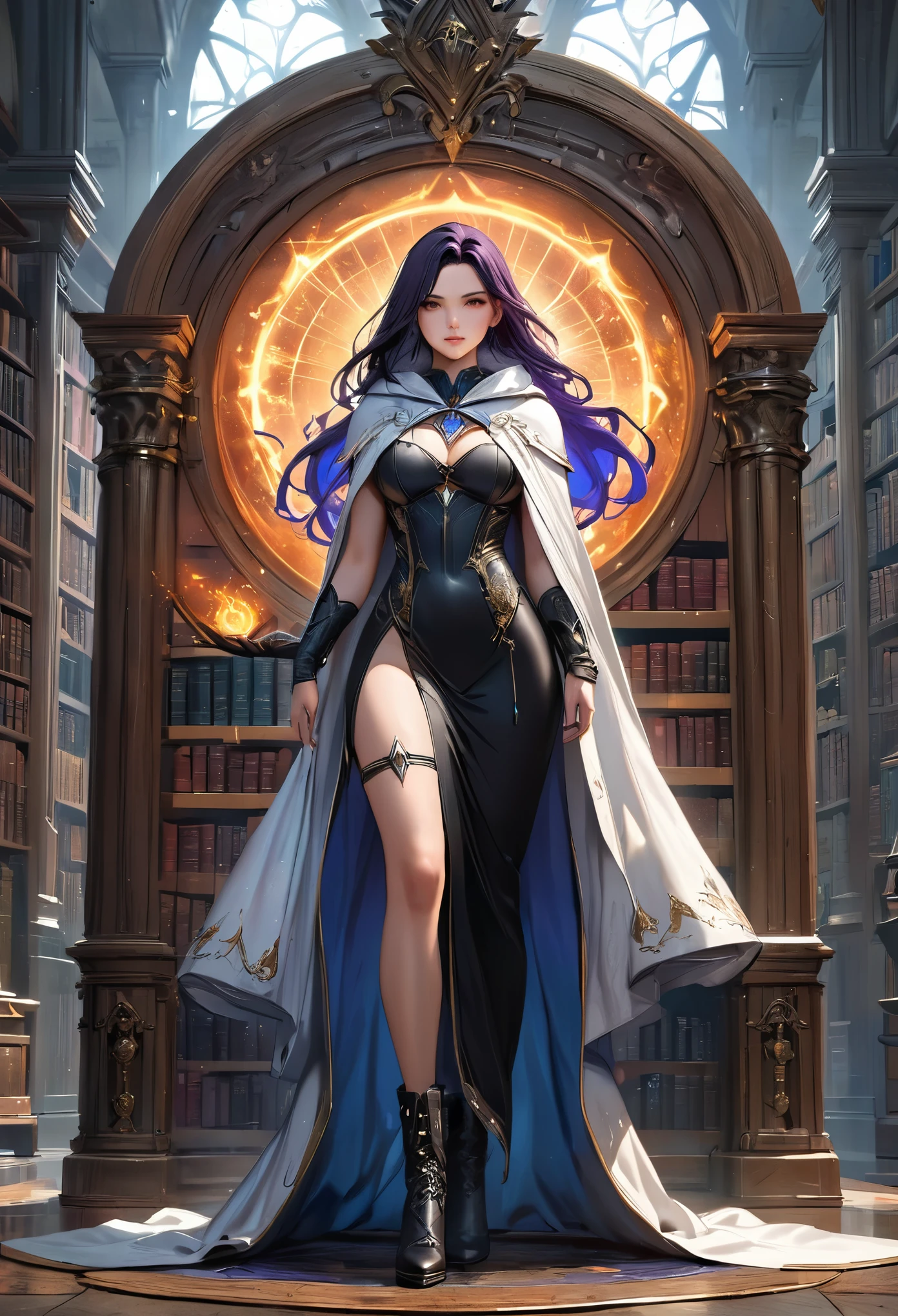 a masterwork picture of a sorceress casting a spell in magical library, exquisite beautiful woman, dynamic hair color, dynamic hair style, ((full body shot: 1.5)), ((anatomically correct: 1.5)), (ultra detailed face: 1.2), best detailed face, high details, best quality, 16k, (long black dress: 1.2), (white cloak: 1.3), high heeled boots (ultra details, Masterpiece, best quality) masterpiece, best quality, (extremely detailed), full body, ultra wide shot, (ultra details, Masterpiece, best quality), fantasy art, dnd art,fantasy art, realistic art, (ultra details, Masterpiece, best quality), (ultra details, Masterpiece, best quality), NecromancyAI, Hyperrealism style, rpg portrait photograph