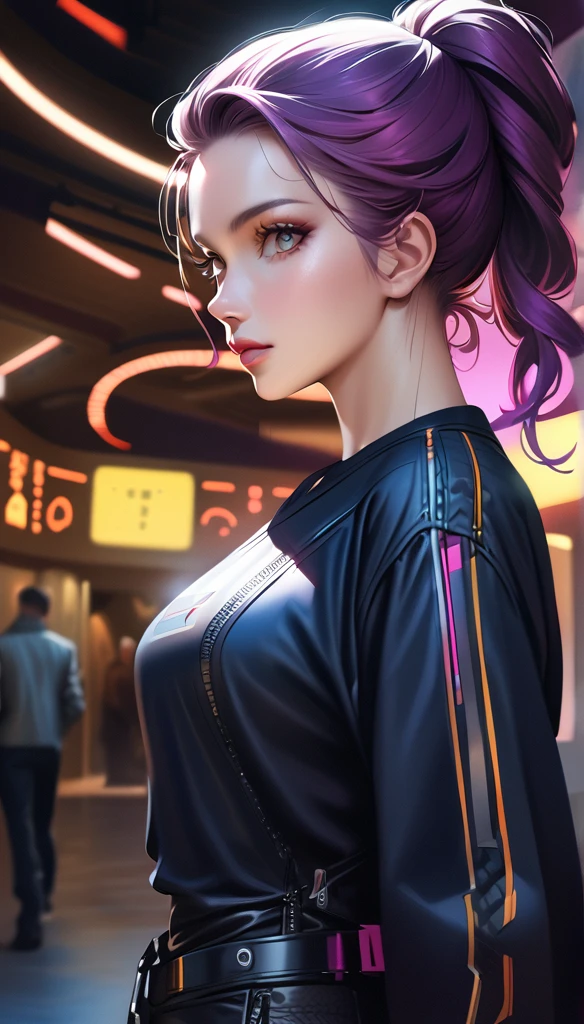 cyberpunk woman, pale skin, pawg, Bronx t-shirt, intricate cyberpunk outfit, bold colors, patterns, eye-catching accessories, trendy hairstyle, (best quality,4k,8k,highres,masterpiece:1.2),ultra-detailed,(realistic,photorealistic,photo-realistic:1.37),dramatic lighting,cinematic,digital art,concept art