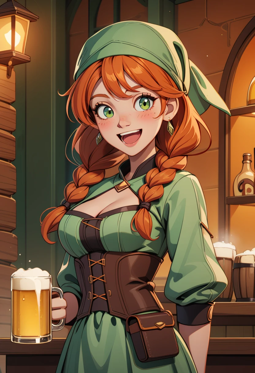 th3t4styl3, 1girl, breasts, braid, green eyes, mug, cleavage, smile, jewelry, cup, holding, earrings, twin braids, open mouth, solo, alcohol, beer mug, belt, looking at viewer, blush, long hair, orange hair, holding cup, pouch, belt pouch, beer, :d, green headwear, indoors, medium breasts, cleavage cutout, underbust, lantern, upper body, freckles, clothing cutout, corset, teeth, hair over shoulder, long sleeves, hat, brown belt, green dress, head scarf, upper teeth only, dress, bow, buckle