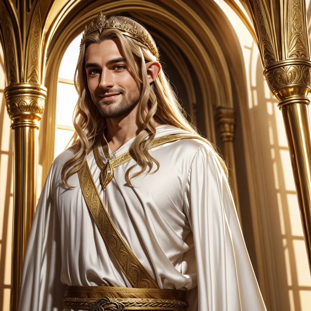 1 man, courageous handsome man, large expressive almond-shaped eyes, wise beautiful face, Slavic traits, Diadem, silk long white elven robes, long golden thick hair, smiling, Lord of the Rings, God, Divine Beauty, Apollo