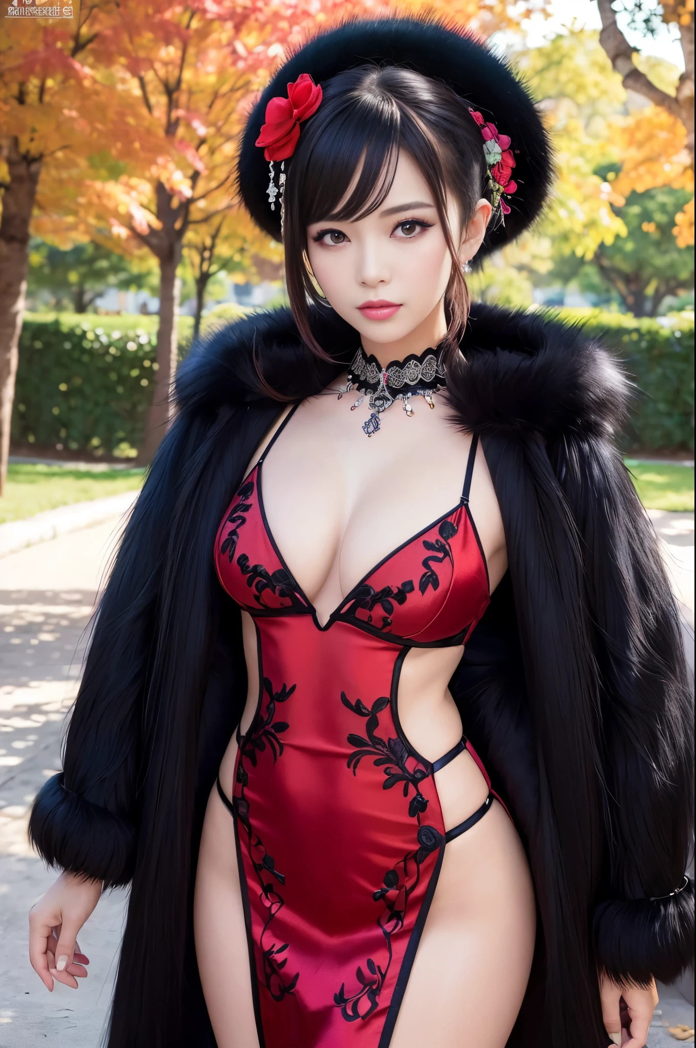(masterpiece:1.4), (best quality:1.4), ultra high res, ultra high resolution, ((detailed facial features)), HDR, (realistic, photorealistic, photo-realistic:1.37), full body, sexy Vietnamese model, (-anime), only 1 model, vivid colors, very short hair, (beautiful smile), lip-gloss, long lashes, defined eyebrows, wearing large sparkling colorful jewelery, wearing a red silk Paradise Kiss cosplay dress with black floral embroidery, ((long fur vivid colors outfit)), vivid colors, look at the camera, cinematic light, large park background with trees, sweet and sexy pose