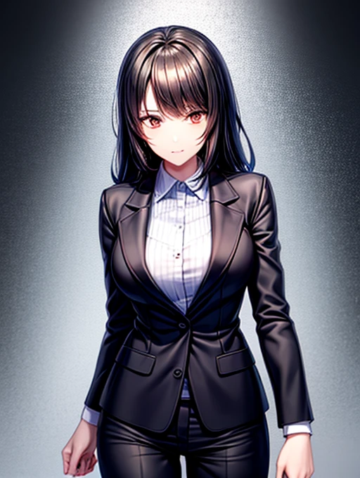 Black short wavy hair, golden eyes, multiple red rings in eyes, formal woman attire, well-developed body, clothes fit snugly, corneo_makima, White shirt, black blazer, black pants, black dress shoes