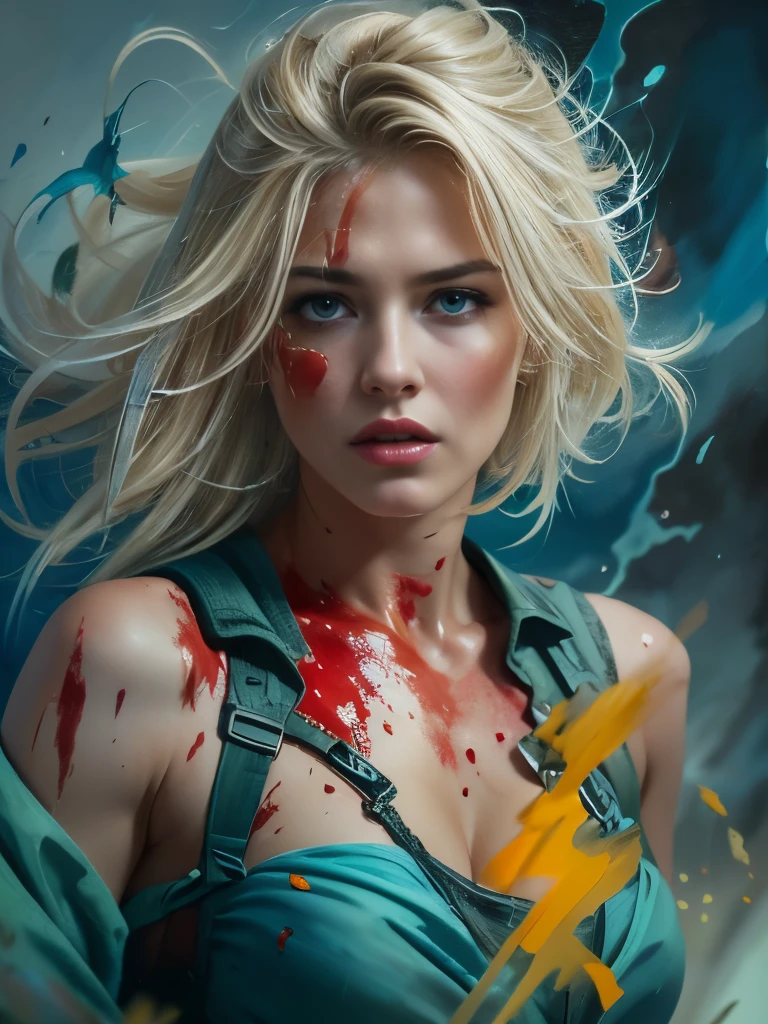 (masterpiece), cartoon, best quality，(photo_(medium):1.0), by Antonio J. Manzanedo, by Jeremy Lipking, lightning, painting style with watercolor, (Brushstrokes:1.8)colorful，vibrant blue hues colors full body shot, An ultra hot gorgeous European woman, age 23.blonde hair.((Body covered with blood splash)). She’s full of fury and anger. Red lips.