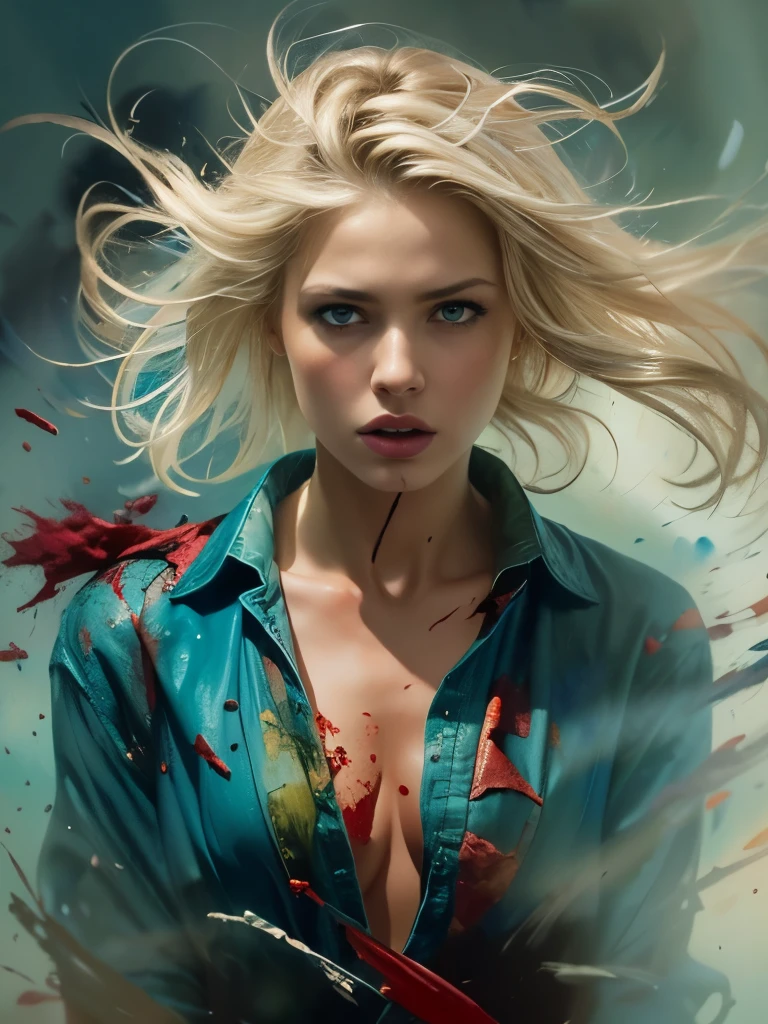 (masterpiece), cartoon, best quality,(photo_(medium):1.0), by Antonio J. Manzanedo, by Jeremy Lipking, lightning, painting style with watercolor, (Brushstrokes:1.8)colorful,vibrant blue hues colors full body shot, An ultra hot gorgeous European woman, age 23.blonde hair.((Body covered with blood splash)). She’s full of fury and anger. Red lips.