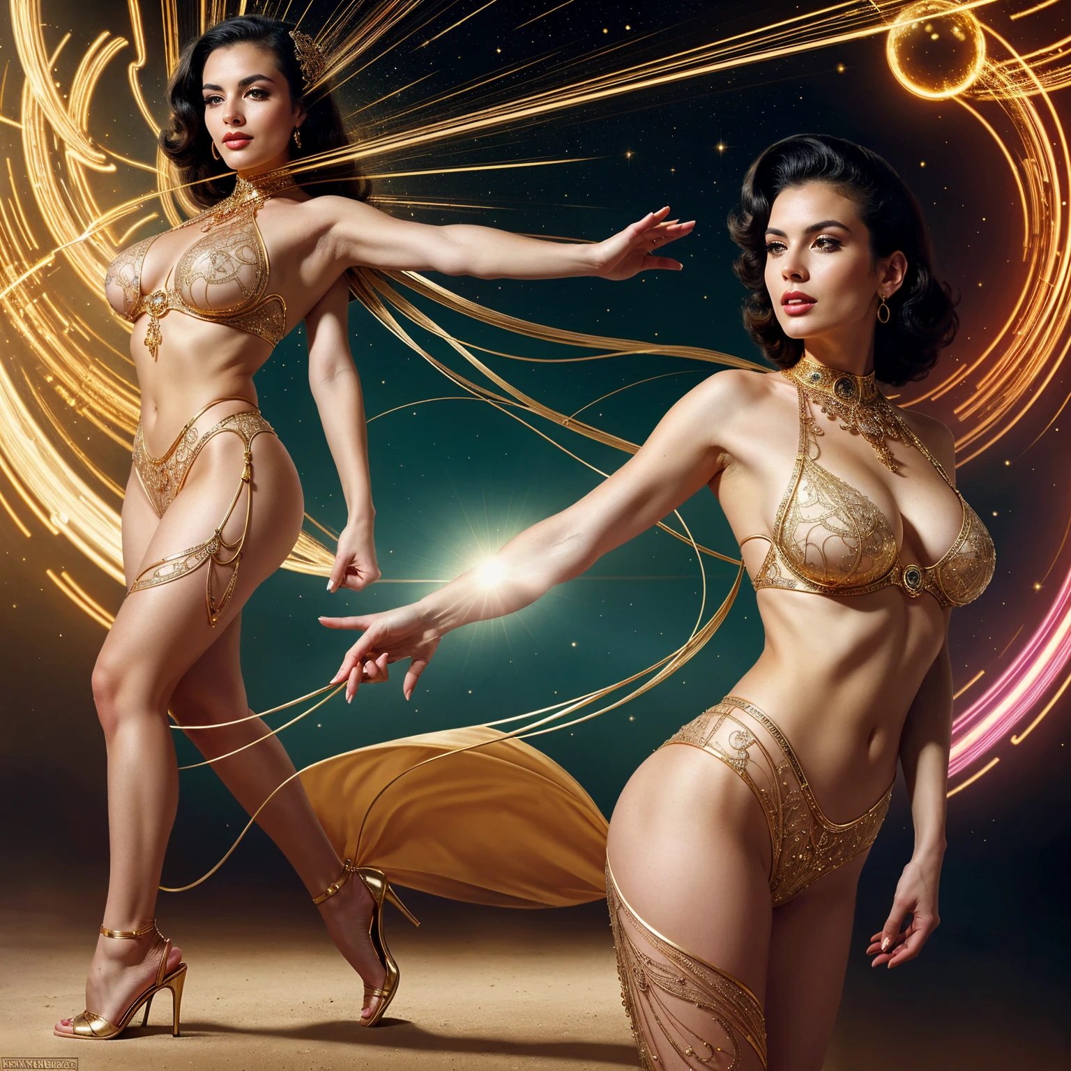 ((best quality)), ((masterpiece)), (detailed), perfect face
Naked woman dynamic pose, in transparent gold metal jewelry on whole body, by Dan Piraro, nude, long black hairs, (but extremely beautiful:1.4), large breasts, slim figure, wide hips, (intricate details, masterpiece, best quality:1.4) , in the style of nicola samori, silhouette contrast, Retro-futuristism, vintage sci fi, 50s and 60s style, atomic age, vibrant, highly detailed, retro futurism, dynamic pose, looking at viewer, futuristic steampunk background 