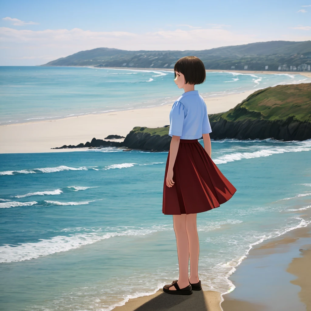 A -yeld giwith short hair standing by the sea