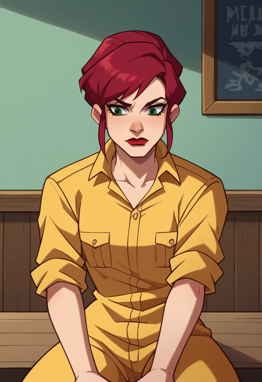 score_9,score_8_up,score_7_up BREAK april2003,1girl,short hair,green eyes,red hair,yellow jumpsuit,uniform,clavage,sleeves rolled up,lipstick,room,room background,cowboy shot,sitting,