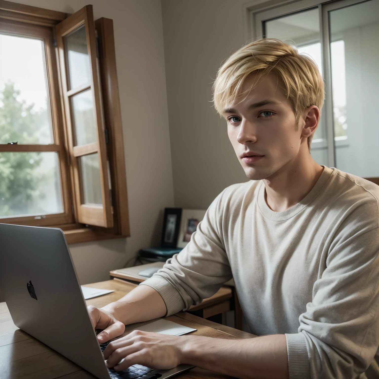 (absurd, High resolution, Ultra detailed, realistic, ), 1 man, One, adult, mature man, very short hair, blonde hair, brown eyes, sitting in front of a laptop by the window in a bright room, home clothes, upper body