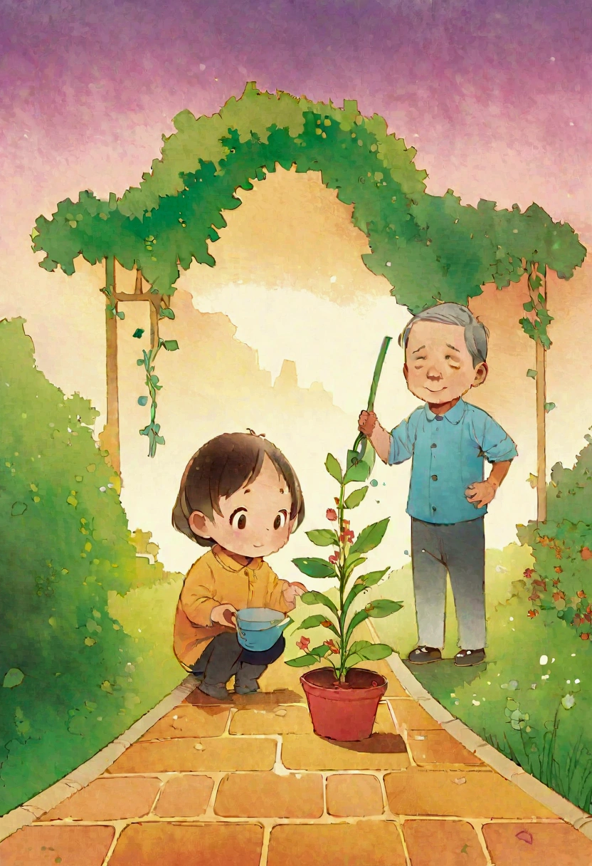 There is a middle-aged man and a watering plants, children's book illustration, children's book illustration, children's book illustration, commercial illustration, children's book illustration, flat illustration, detailed 2D illustration, 2D illustration, 2D illustration, children's book illustration, children's book illustration, illustration, children's illustration, professional illustration