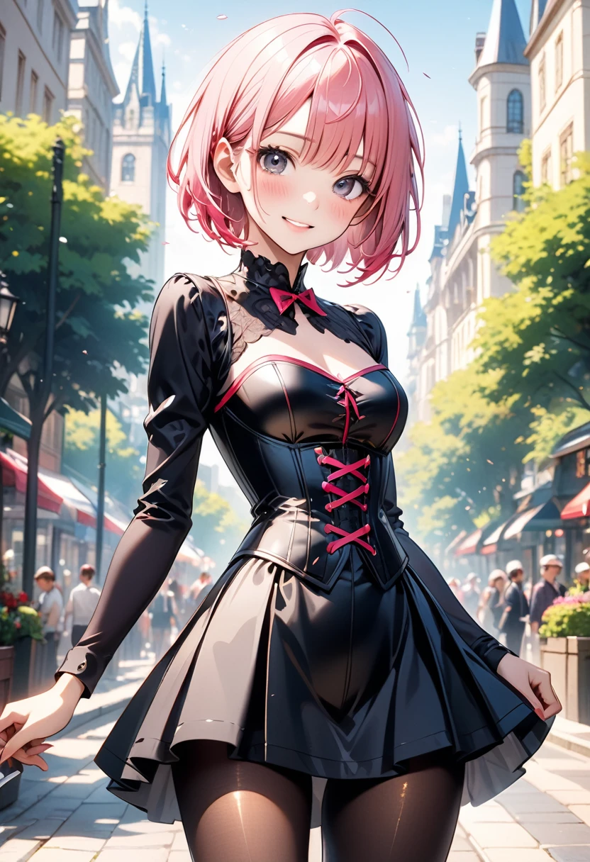 (((Wearing an elegant, (shiny gothic dress a silk), corset and skirt, pantyhose))), skinny, solo, 1 woman, Masterpiece, highest quality, highest quality, 16K, incredibly absurd, highly detailed, 2.5D, ai-generated, delicate and dynamic, very delicate facial expressions, delicate eye depiction, erotic, only sexy woman, ((A cute and kind face)), healthy figure, ((25-year-old woman)), 160cm tall, medium firm swaying bust, (short hair), (pink hair:1.5), bob cut, black eye, blush, Sweat,Embarrassed,sexy, ((thin thighs)), (Erect nipples,:0.5), shiny and lustrous, facing straight at viewer, smile, ((Oily_skin)), (standing), cowboy shot, ((arm at side)), A city park in midsummer, (Metallic costumes),