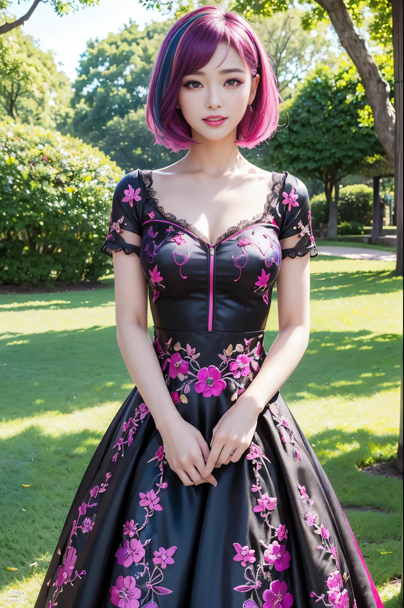 (masterpiece:1.4), (best quality:1.4), ultra high res, ultra high resolution, ((detailed facial features)), HDR, (realistic, photorealistic, photo-realistic:1.37), full body Esbian, sexy Indonesian model, (-anime), only 1 model, vivid colors, ((vivid colors multicolor (fuchsia, pink, light blue, purple) very short hair)), (happy smile), lip-gloss, long lashes, ultra detailed metallic makeup, defined eyebrows, wearing a red silk Paradise Kiss cosplay dress with black floral embroidery, ((vivid colors outfit)), vivid colors, look at the camera, cinematic light, large park background with trees, sweet and sexy pose