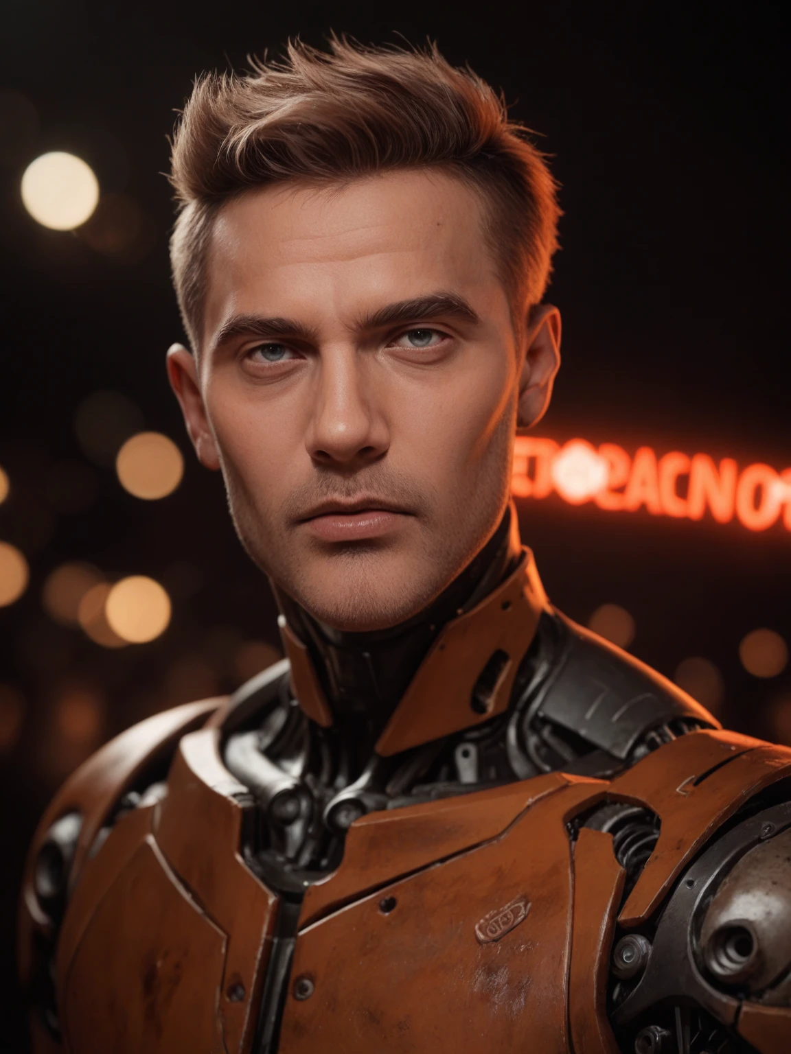 cyberpunk photo, realistic portrait, male cyborg, robotic face, half-human, robotic body, rusty body, old exoskeleton, simple black background, darkness, depth of field , bokeh, neon lights, dull colors, muted colors, low light, film grain, analogue photography.