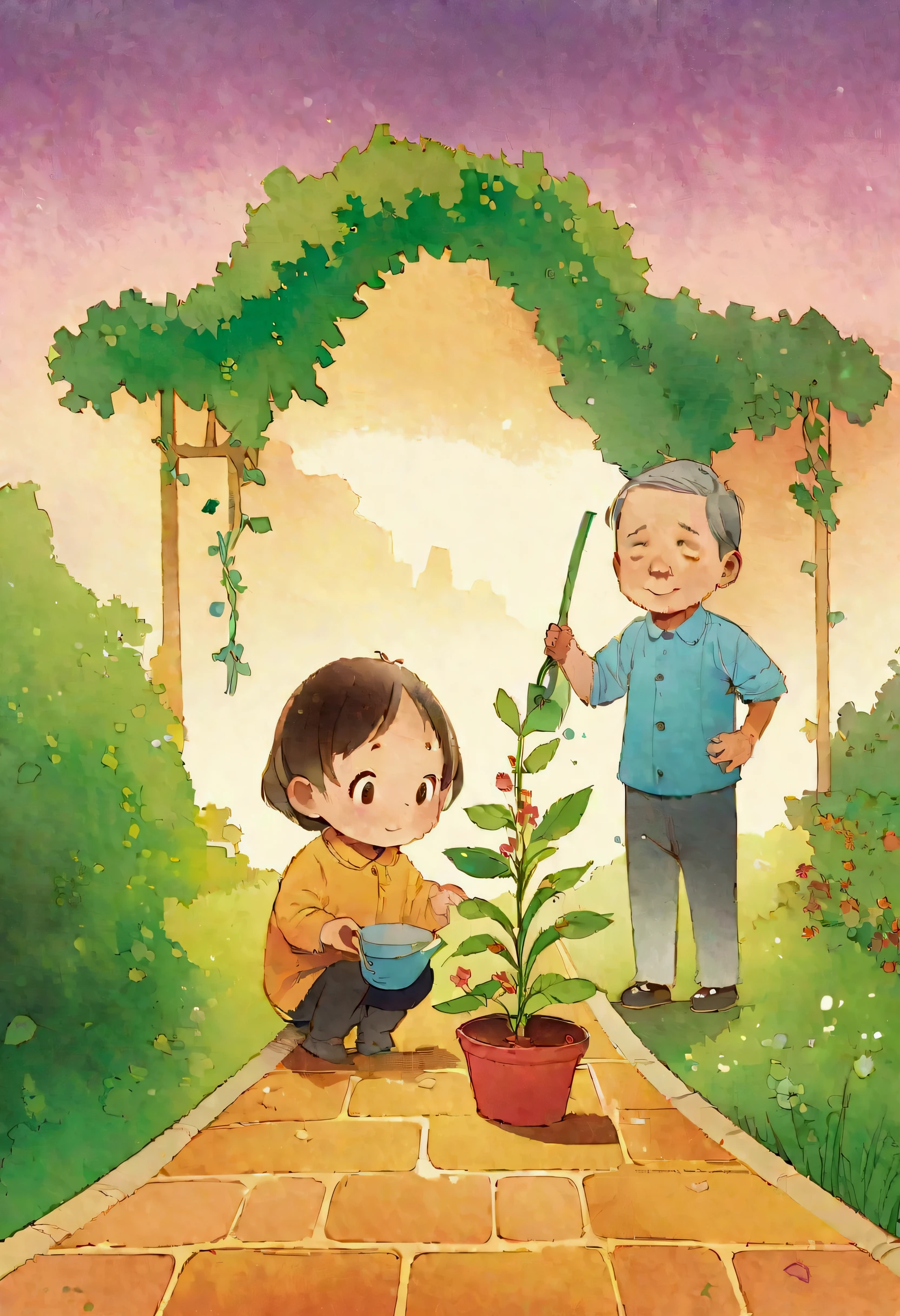 There is a middle-aged man and a  watering plants, children's book illustration, children's book illustration, children's book illustration, commercial illustration, children's book illustration, flat illustration, detailed 2D illustration, 2D illustration, 2D illustration, children's book illustration, children's book illustration, illustration, children's illustration, professional illustration  