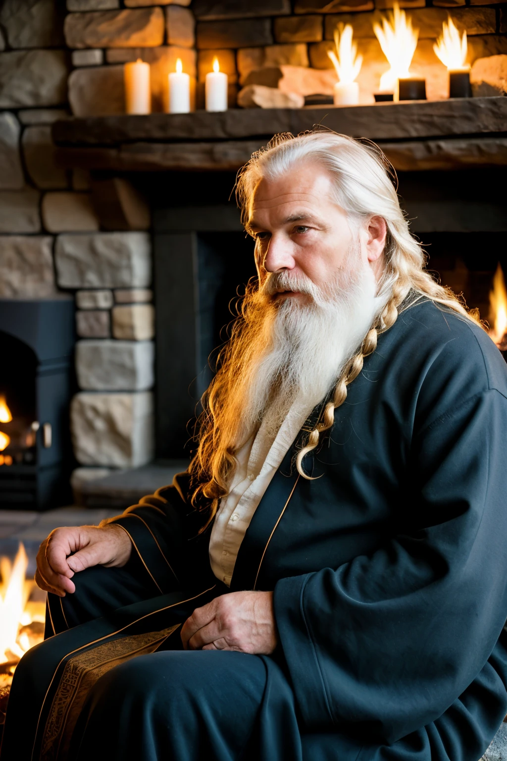 Portrait-style image featuring an elderly man with a long white beard,flowing white hair and a full, thick beard. 
sitting by a fire,The man's expression is contemplative as he gazes into the fire,
His facial features are sharp and defined, with deep-set eyes and a serious expression. 
The skin tone is light, and the lighting creates a dramatic effect, 
highlighting the contours of his face. He is dressed in dark, 
intricately designed robes with a textured pattern, 
adding to the mystical and ancient appearance,The background is a gradient of ornate blue, 
Stone fireplace with the fire providing a warm, orange glow that illuminates surroundings. 
The background consists of a Stones close to gray in colorwall Neat and ornateand a hearth, adding to the cozy, rustic atmosphere.  The setting appears to be a rustic stone fireplace, 
with the fire providing a warm, orange glow that illuminates his face and surroundings. 
The background consists of a stone wall and a hearth, adding to the cozy, rustic atmosphere. 
creating a serene and reflective mood.