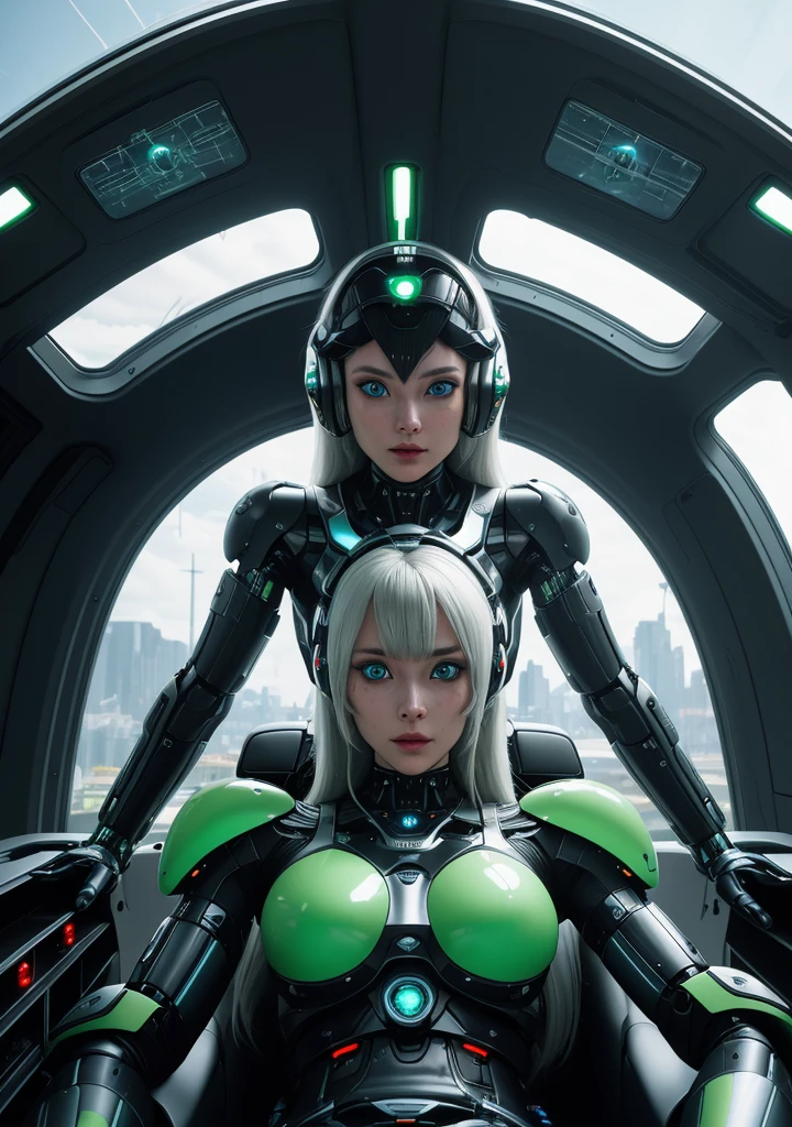 “Two futuristic female cyborgs with Russian-like appearances in the cockpit of a spaceship. They have long hair, large eyes, high noses, and wide mouths, seamlessly integrating mechanical and organic elements with sleek metal parts, glowing accents, and visible circuitry. Their primary color scheme is blue. The cyborgs are actively piloting the spaceship. The cockpit is advanced and high-tech, with three large windows showing the outside scenery. These windows are completely green to allow for chroma key processing later. The overall atmosphere is calm and inviting, ideal for a lo-fi music channel background.”