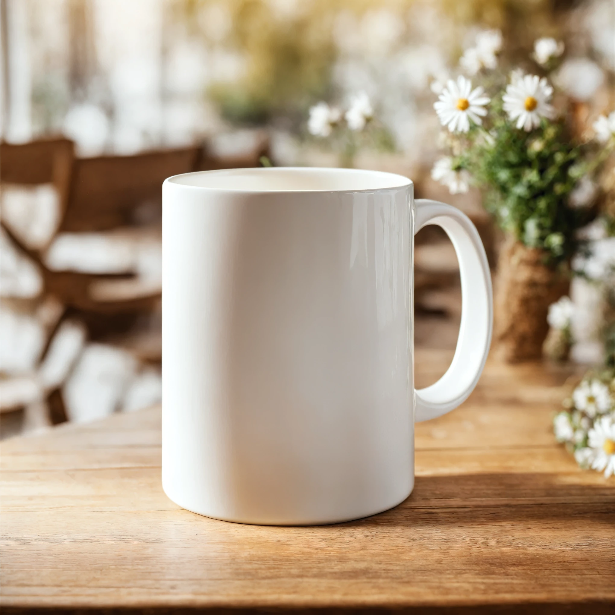Mockup empty, a blank, white, empty white ceramic mug standing on a table, product presentation, wooden table in a cottagecore environment, british country style, blurry background, earthy colors, flowers on the table, daylight