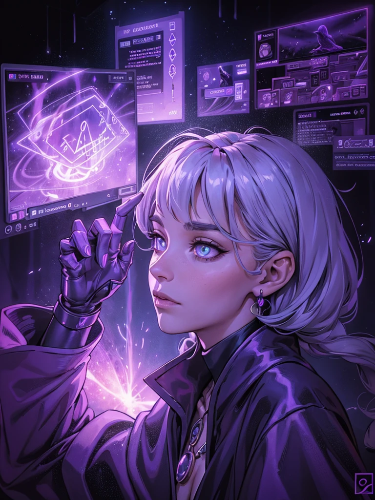 depicts a modern-day witch who has embraced the world of cybernetics to enhance her magical abilities. The artwork should convey the enchanting blend of traditional witchcraft and futuristic technology. Here are some specific elements to include: The Witch's Lair: The setting should be a cozy yet slightly eerie room, filled with magical books, crystal balls, potion ingredients, and antique furnishings. The room should be dimly lit by candles and a soft, mystical glow emanating from her cybernetic enhancements. The Cyborg Witch: The central focus of the artwork is the witch herself. She's a striking figure with a mix of traditional witch attire and cybernetic enhancements. Her clothing should have a witchy, occult aesthetic, with flowing robes, a pointed hat, and an intricate pentagram necklace. Her arms, however, have been upgraded with cybernetic components that incorporate magical symbols and glowing runes. Magical Interface: The witch is in the midst of casting a spell, with a holographic, touch-screen interface floating before her. This interface includes spell incantations, arcane symbols, and digital components, demonstrating her fusion of magic and technology. Spell Ingredients: On a nearby table, there should be a collection of spell ingredients, like herbs, potions, and magical artifacts. Some of these items may have been modified with cybernetic enhancements, blurring the line between the natural and the technological. Familiar: The witch's familiar, perhaps a cat or raven, should be present in the scene, serving as her magical companion. The familiar could also have subtle cybernetic enhancements or glowing eyes. Glowing Runes: The room should be adorned with ancient symbols and glowing runes on the walls and floor, contributing to the magical atmosphere. Aetherial Lighting: Use a combination of mystical, ethereal lighting and cybernetic glows to create a captivating interplay of light and shadow. The contrast between the tradit