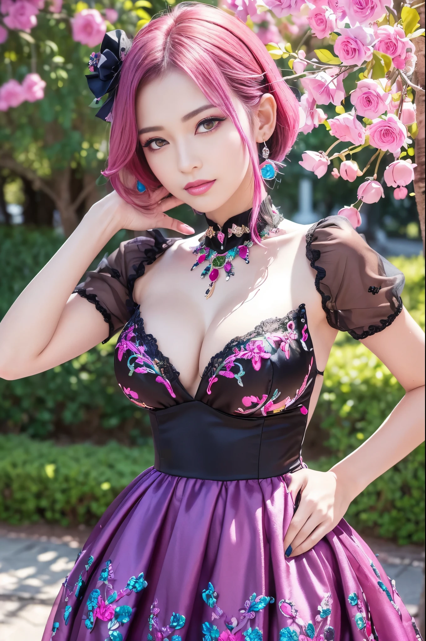 (masterpiece:1.4), (best quality:1.4), ultra high res, ultra high resolution, ((detailed facial features)), HDR, (realistic, photorealistic, photo-realistic:1.37), full body Esbian, sexy swedish model, (-anime), only 1 model, (vivid colors), ((vivid colors multicolor (fuchsia, pink, light purple) very short hair)), ((beautiful smile)), lip-gloss, long lashes, ultra detailed makeup, defined eyebrows, wearing large sparkling colorful jewelery, wearing a red silk Paradise Kiss cosplay dress with black floral embroidery, ((vivid colors outfit)), (vivid colors), look at the camera, cinematic light, large park background with trees, sweet and sexy pose