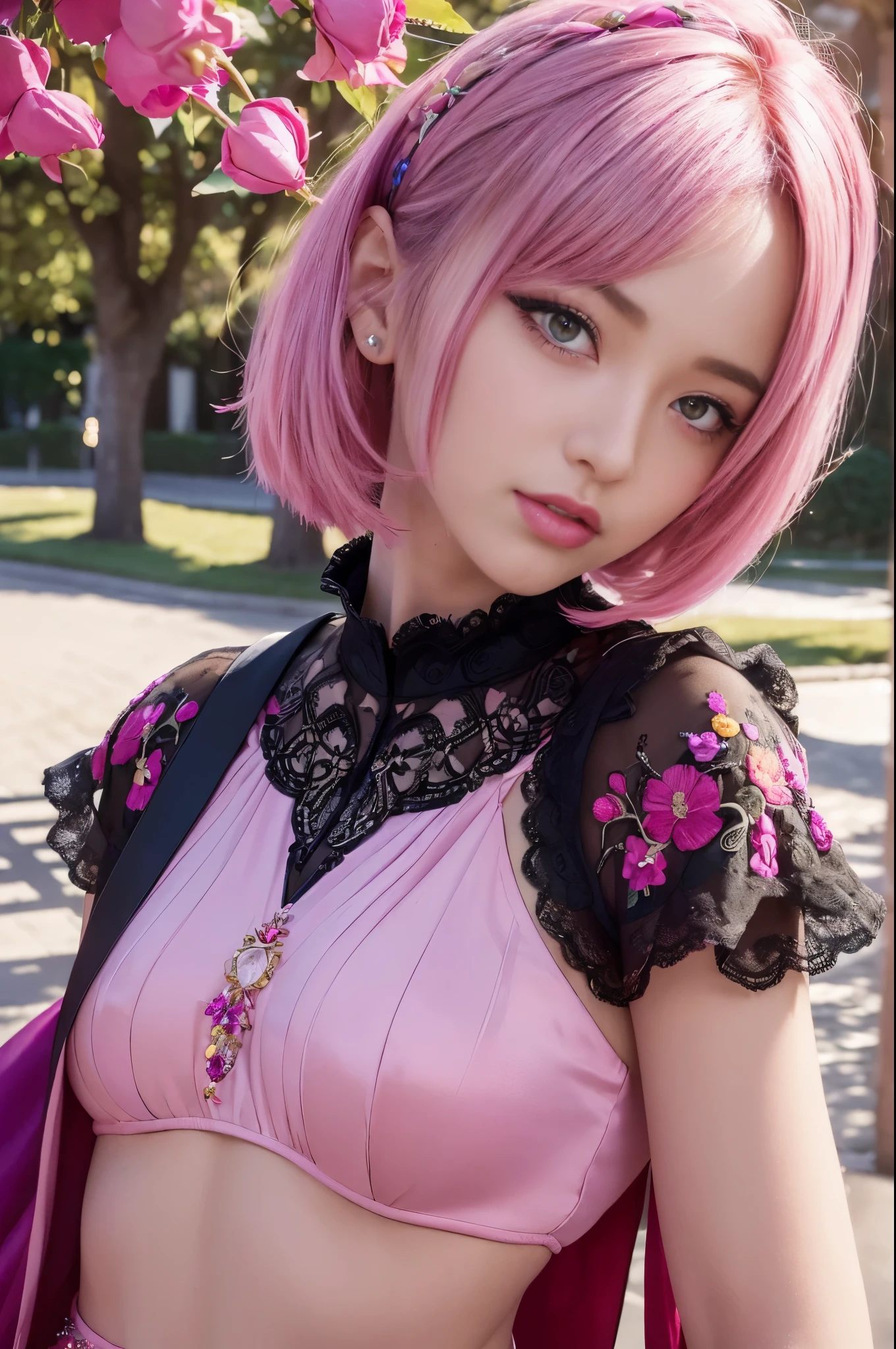 (masterpiece:1.4), (best quality:1.4), ultra high res, ultra high resolution, ((detailed facial features)), HDR, (realistic, photorealistic, photo-realistic:1.37), full body Esbian, sexy swedish model, (-anime), only 1 model, (vivid colors), ((vivid colors multicolor (fuchsia, pink, light purple) very short hair)), ((beautiful smile)), lip-gloss, long lashes, ultra detailed makeup, defined eyebrows, wearing large sparkling colorful jewelery, wearing a red silk Paradise Kiss cosplay dress with black floral embroidery, ((vivid colors outfit)), (vivid colors), look at the camera, cinematic light, large park background with trees, sweet and sexy pose