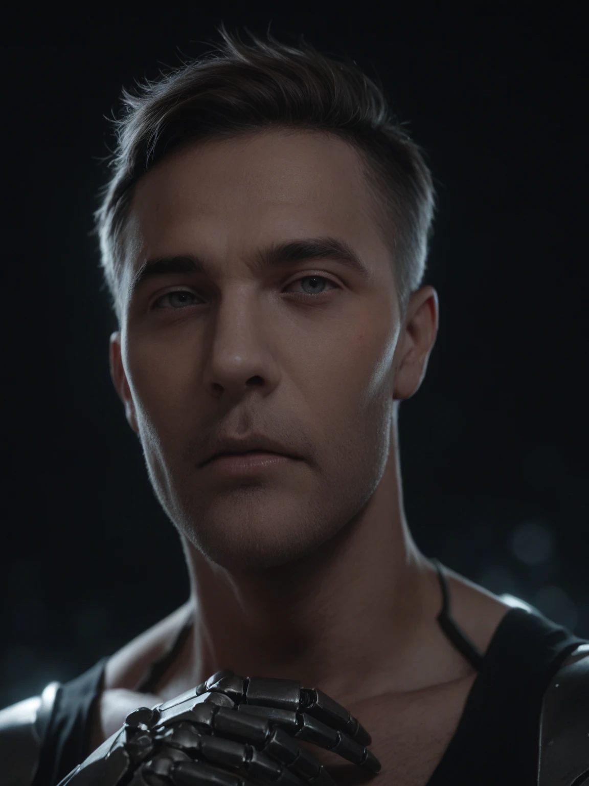 cyberpunk photo, realistic portrait, male cyborg, robotic face, half-human, robotic body, rusty body, old exoskeleton, simple black background, darkness, depth of field  , bokeh, neon lights, dull colors, muted colors, low light, film grain, analogue photography.