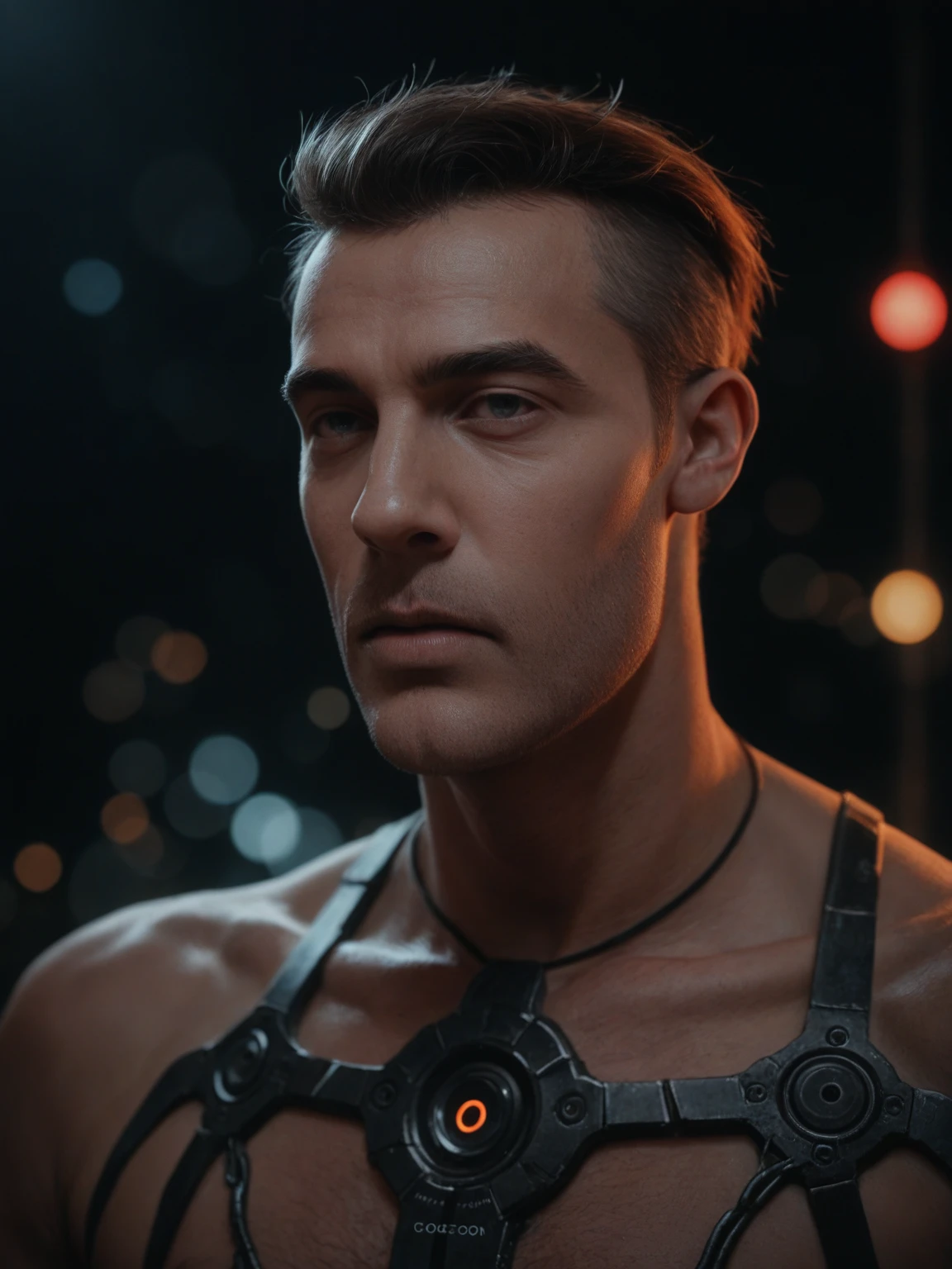 cyberpunk photo, realistic portrait, male cyborg, robotic face, half-human, robotic body, rusty body, old exoskeleton, simple black background, darkness, depth of field , bokeh, neon lights, dull colors, muted colors, low light, film grain, analogue photography.
