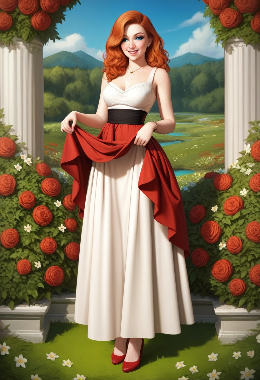 woman wearing a red cotton dress, flowing fabric, sash around waist, waist cinched tight, full length dress, pale skin, freckles, ginger, standing in flowers, 4k, 8k, masterpiece, extremely detailed face and eyes, natural skin, extremely detailed skin, pouty small lips, soft facial features, very pale skin, ((lifting up skirt:1.23)), sly smile with Marilyn Monroe face.