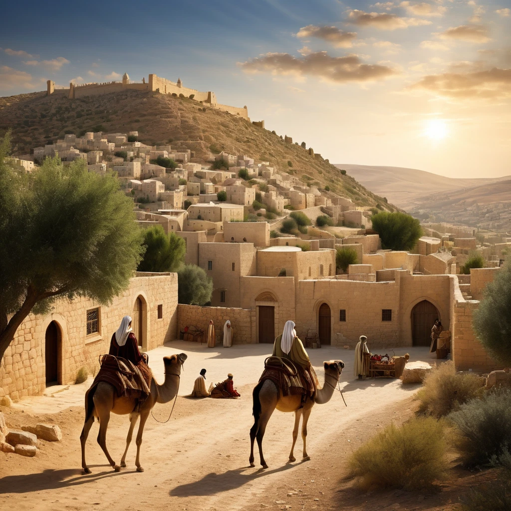 A hyper-realistic photograph of Bethlehem, an ancient city in Judea, traditional stone buildings with intricate details, a modest stable above which shines a bright star, the landscape surrounding the city should include hills and sparse vegetation typical of the region. The scene would include shepherds tending their flocks, travelers on camels approaching the city, and a visit from the three wise men. with realistic textures. The overall atmosphere should be serene with special attention to historical accuracy and detail.