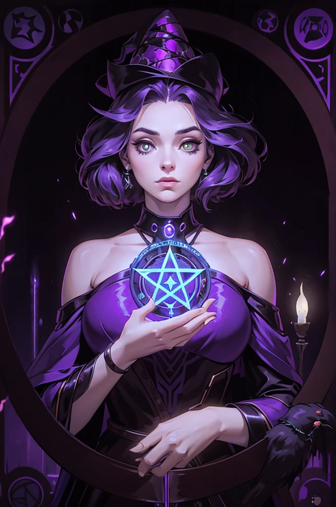 depicts a modern-day witch who has embraced the world of cybernetics to enhance her magical abilities. The artwork should convey the enchanting blend of traditional witchcraft and futuristic technology. Here are some specific elements to include: The Witch's Lair: The setting should be a cozy yet slightly eerie room, filled with magical books, crystal balls, potion ingredients, and antique furnishings. The room should be dimly lit by candles and a soft, mystical glow emanating from her cybernetic enhancements. The Cyborg Witch: The central focus of the artwork is the witch herself. She's a striking figure with a mix of traditional witch attire and cybernetic enhancements. Her clothing should have a witchy, occult aesthetic, with flowing robes, a pointed hat, and an intricate pentagram necklace. Her arms, however, have been upgraded with cybernetic components that incorporate magical symbols and glowing runes. Magical Interface: The witch is in the midst of casting a spell, with a holographic, touch-screen interface floating before her. This interface includes spell incantations, arcane symbols, and digital components, demonstrating her fusion of magic and technology. Spell Ingredients: On a nearby table, there should be a collection of spell ingredients, like herbs, potions, and magical artifacts. Some of these items may have been modified with cybernetic enhancements, blurring the line between the natural and the technological. Familiar: The witch's familiar, perhaps a cat or raven, should be present in the scene, serving as her magical companion. The familiar could also have subtle cybernetic enhancements or glowing eyes. Glowing Runes: The room should be adorned with ancient symbols and glowing runes on the walls and floor, contributing to the magical atmosphere. Aetherial Lighting: Use a combination of mystical, ethereal lighting and cybernetic glows to create a captivating interplay of light and shadow. The contrast between the tradit