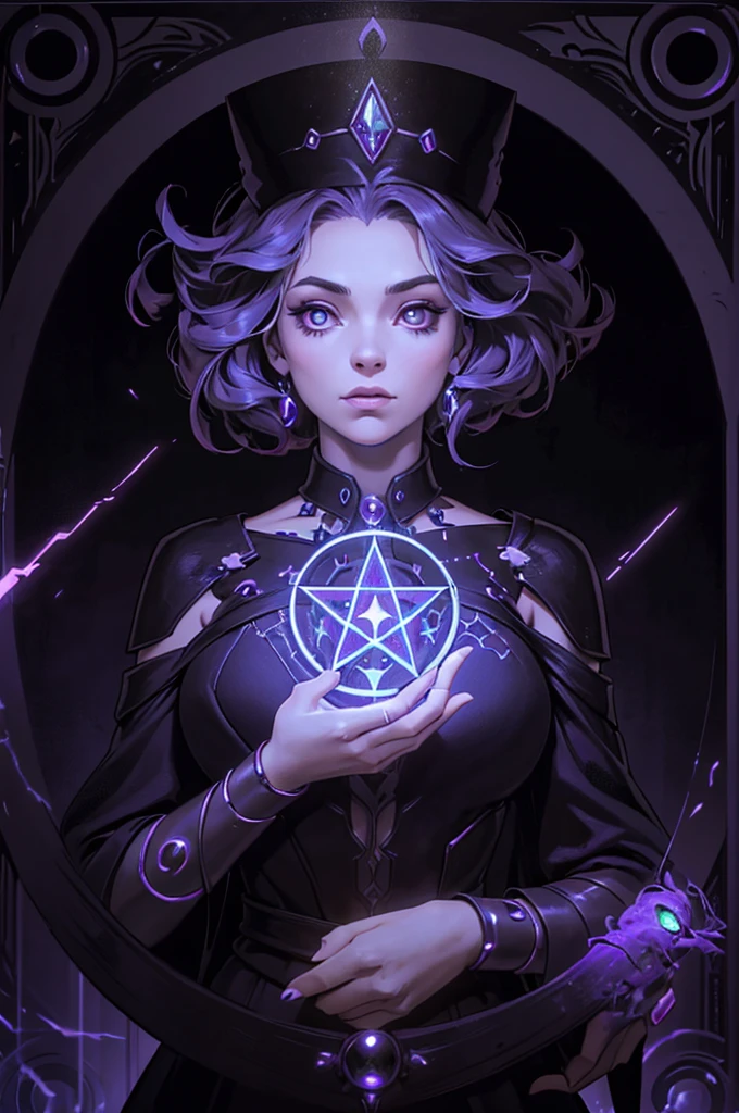 depicts a modern-day witch who has embraced the world of cybernetics to enhance her magical abilities. The artwork should convey the enchanting blend of traditional witchcraft and futuristic technology. Here are some specific elements to include: The Witch's Lair: The setting should be a cozy yet slightly eerie room, filled with magical books, crystal balls, potion ingredients, and antique furnishings. The room should be dimly lit by candles and a soft, mystical glow emanating from her cybernetic enhancements. The Cyborg Witch: The central focus of the artwork is the witch herself. She's a striking figure with a mix of traditional witch attire and cybernetic enhancements. Her clothing should have a witchy, occult aesthetic, with flowing robes, a pointed hat, and an intricate pentagram necklace. Her arms, however, have been upgraded with cybernetic components that incorporate magical symbols and glowing runes. Magical Interface: The witch is in the midst of casting a spell, with a holographic, touch-screen interface floating before her. This interface includes spell incantations, arcane symbols, and digital components, demonstrating her fusion of magic and technology. Spell Ingredients: On a nearby table, there should be a collection of spell ingredients, like herbs, potions, and magical artifacts. Some of these items may have been modified with cybernetic enhancements, blurring the line between the natural and the technological. Familiar: The witch's familiar, perhaps a cat or raven, should be present in the scene, serving as her magical companion. The familiar could also have subtle cybernetic enhancements or glowing eyes. Glowing Runes: The room should be adorned with ancient symbols and glowing runes on the walls and floor, contributing to the magical atmosphere. Aetherial Lighting: Use a combination of mystical, ethereal lighting and cybernetic glows to create a captivating interplay of light and shadow. The contrast between the tradit