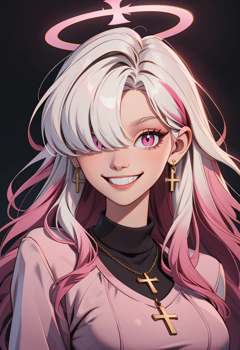 th3t4styl3, 1girl, solo, halo, wings, jewelry, pink hair, smile, long hair, cross, multicolored hair, earrings, necklace, looking at viewer, pink eyes, black background, breasts, hair over one eye, upper body, white hair, grin, virtual youtuber, gradient hair, simple background, cross necklace, angel, cross earrings, glowing